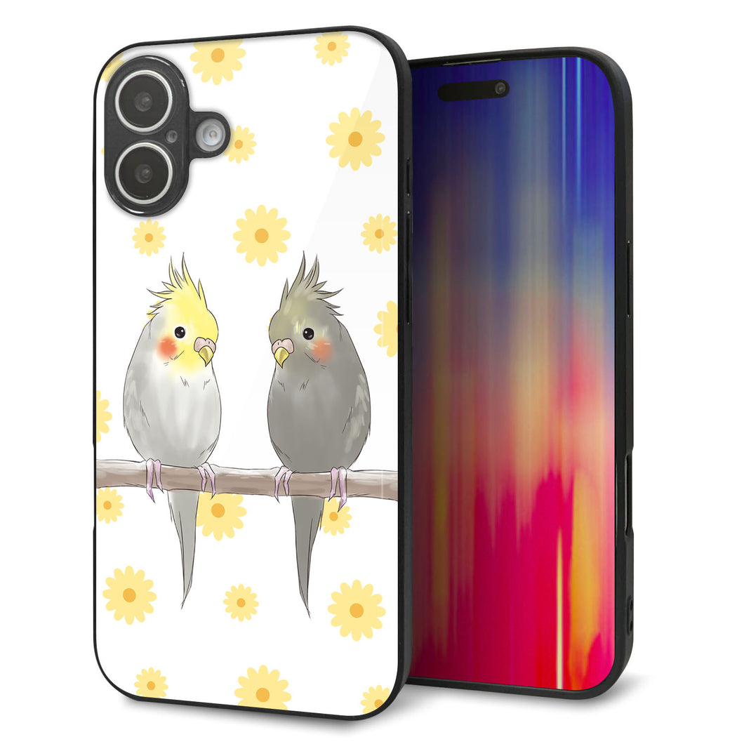 iPhone16 Plus 強化ガラス&TPUスマホケース ガラプリ【HA274 オカメインコ 花】