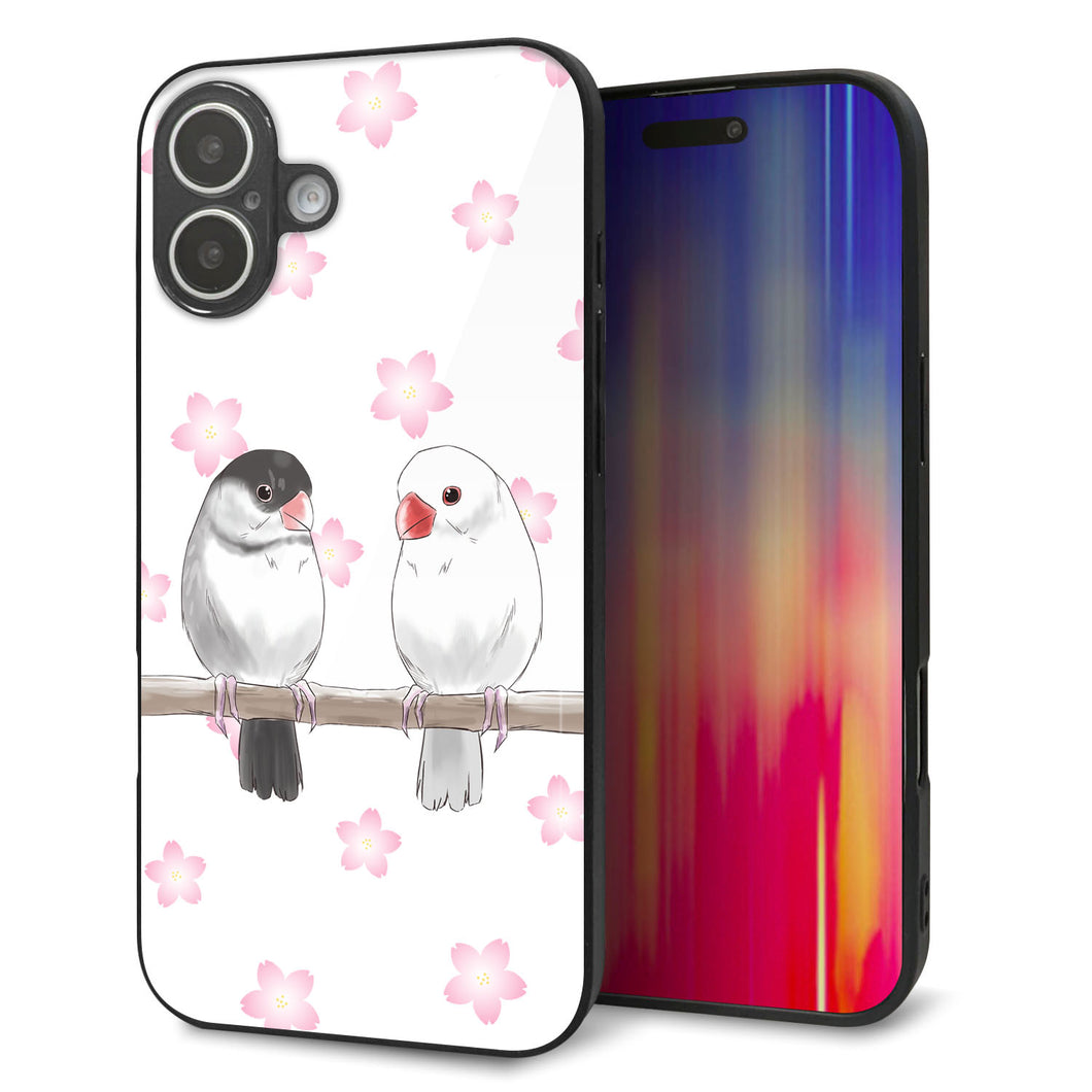 iPhone16 Plus 強化ガラス&TPUスマホケース ガラプリ【HA275 文鳥 桜】