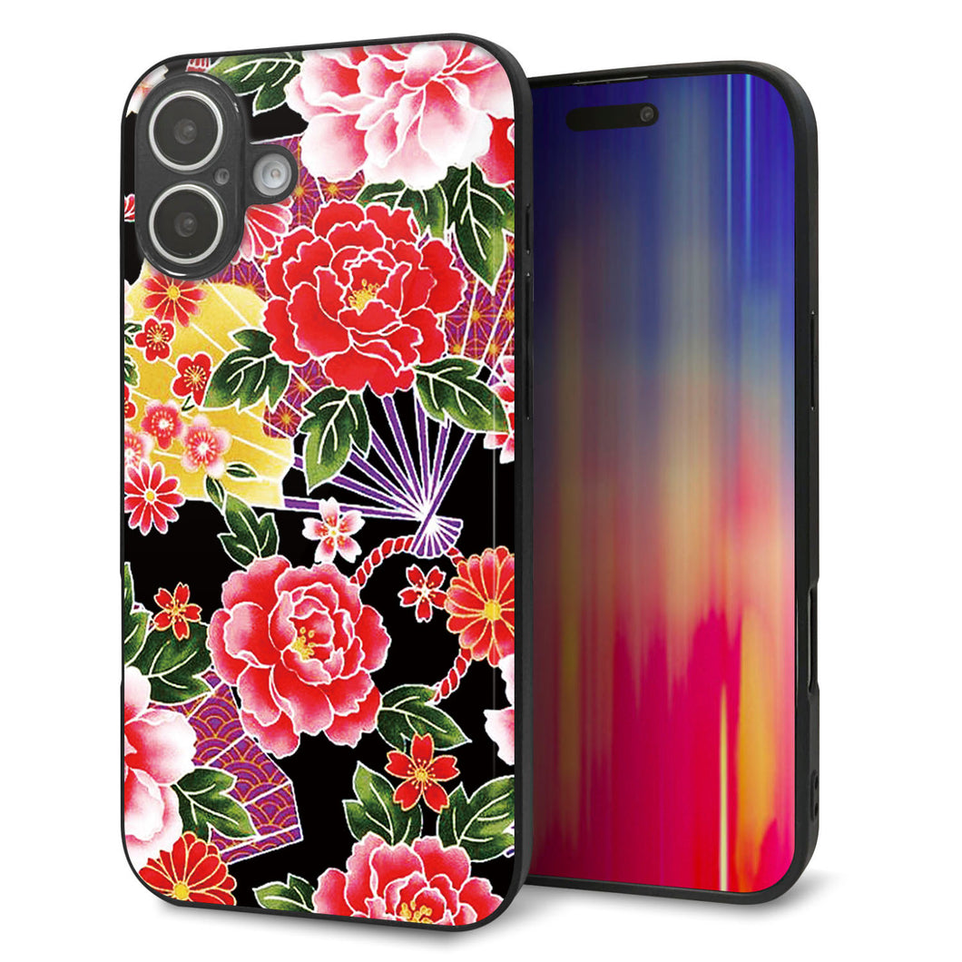 iPhone16 Plus 強化ガラス&TPUスマホケース ガラプリ【MA959 和柄 花 A】