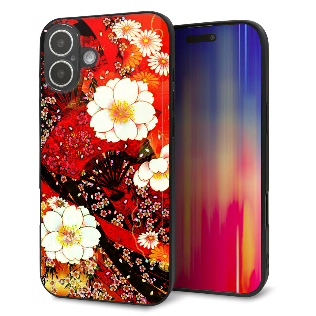 iPhone16 Plus 強化ガラス&TPUスマホケース ガラプリ【MA960 和柄 花 B】
