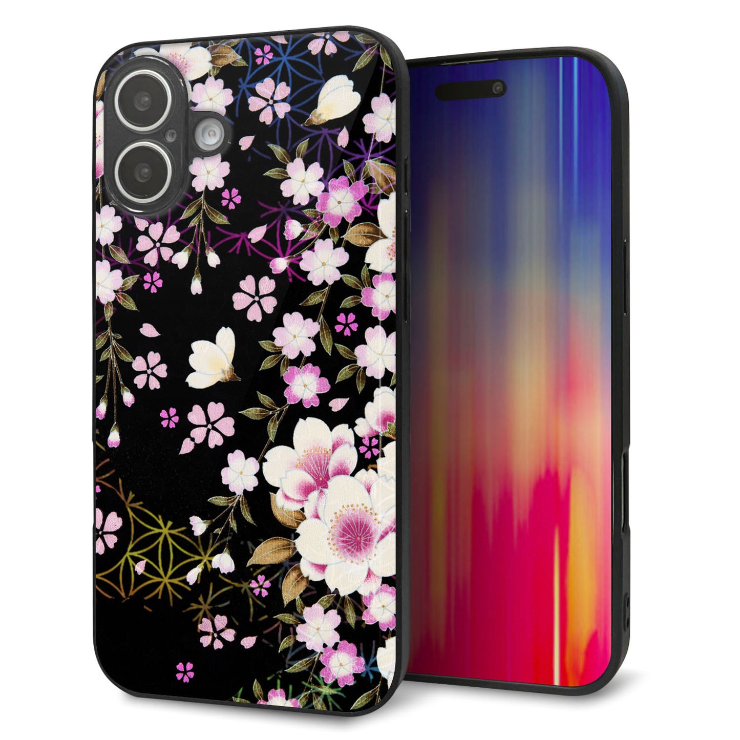iPhone16 Plus 強化ガラス&TPUスマホケース ガラプリ【MA961 和柄 花 C】