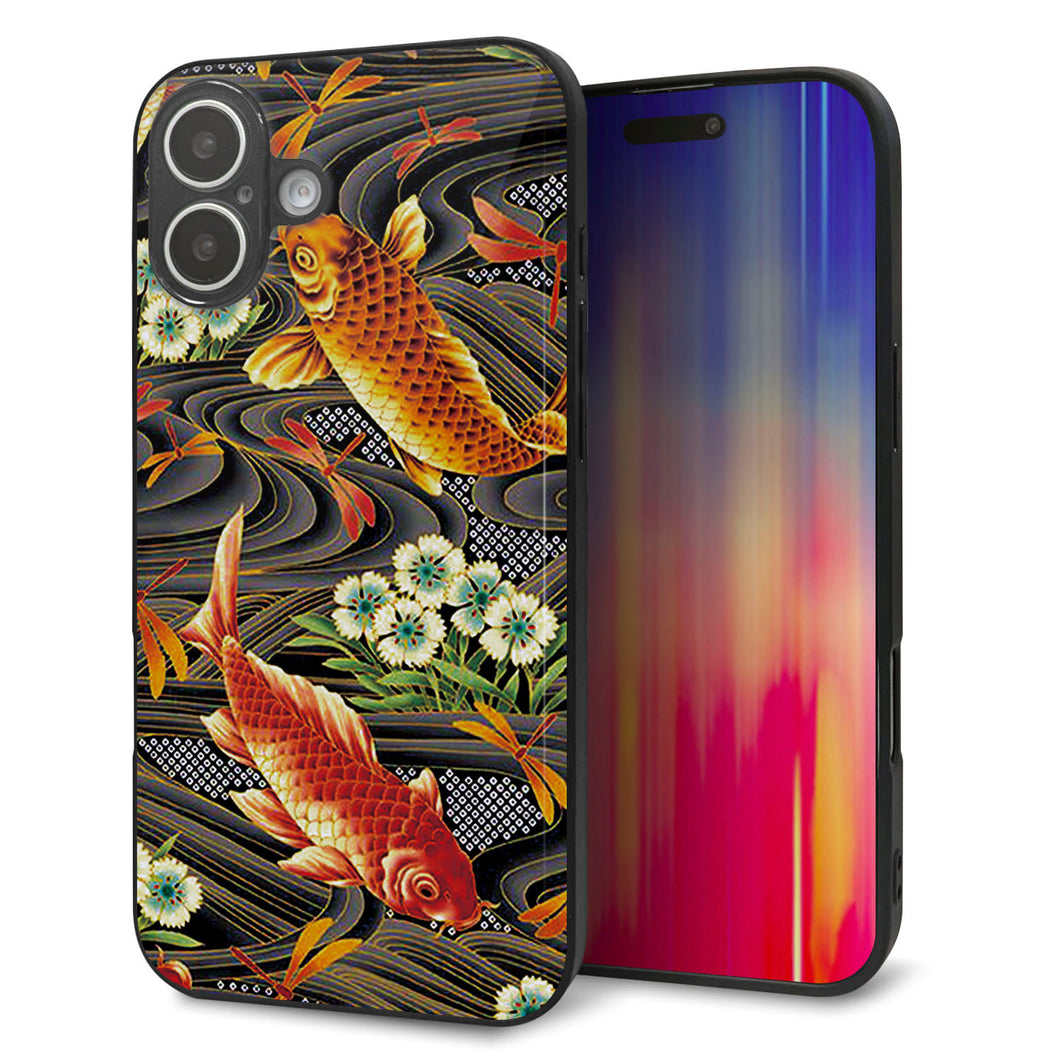 iPhone16 Plus 強化ガラス&TPUスマホケース ガラプリ【MA963 着物柄 鶴鯉 A】