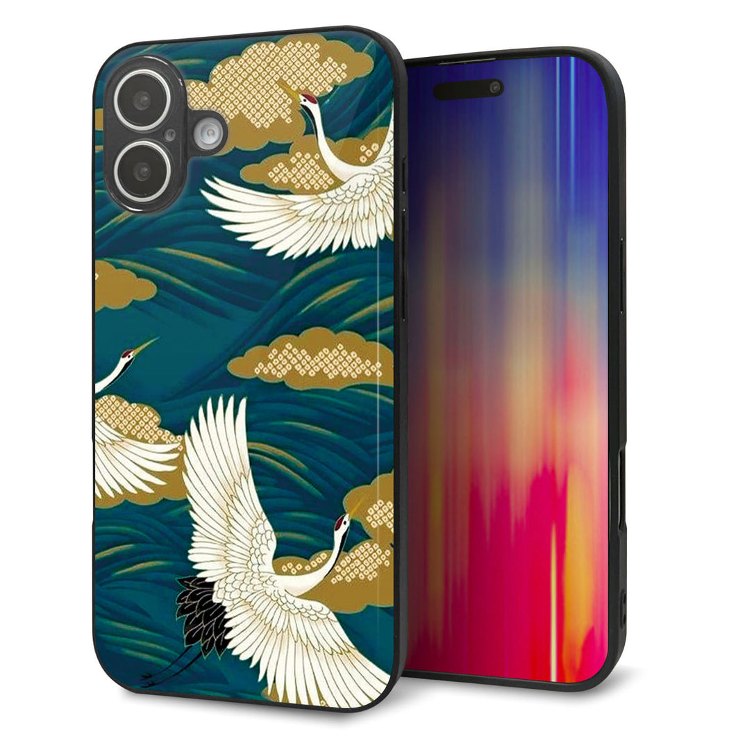 iPhone16 Plus 強化ガラス&TPUスマホケース ガラプリ【MA964 着物柄 鶴鯉 B】