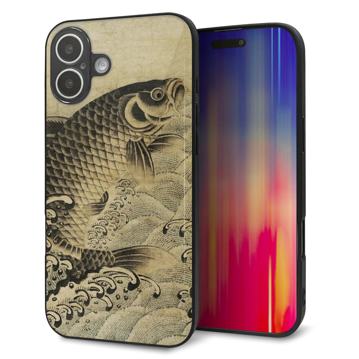 iPhone16 Plus 強化ガラス&TPUスマホケース ガラプリ【MA970 和柄 鶴鯉 B】