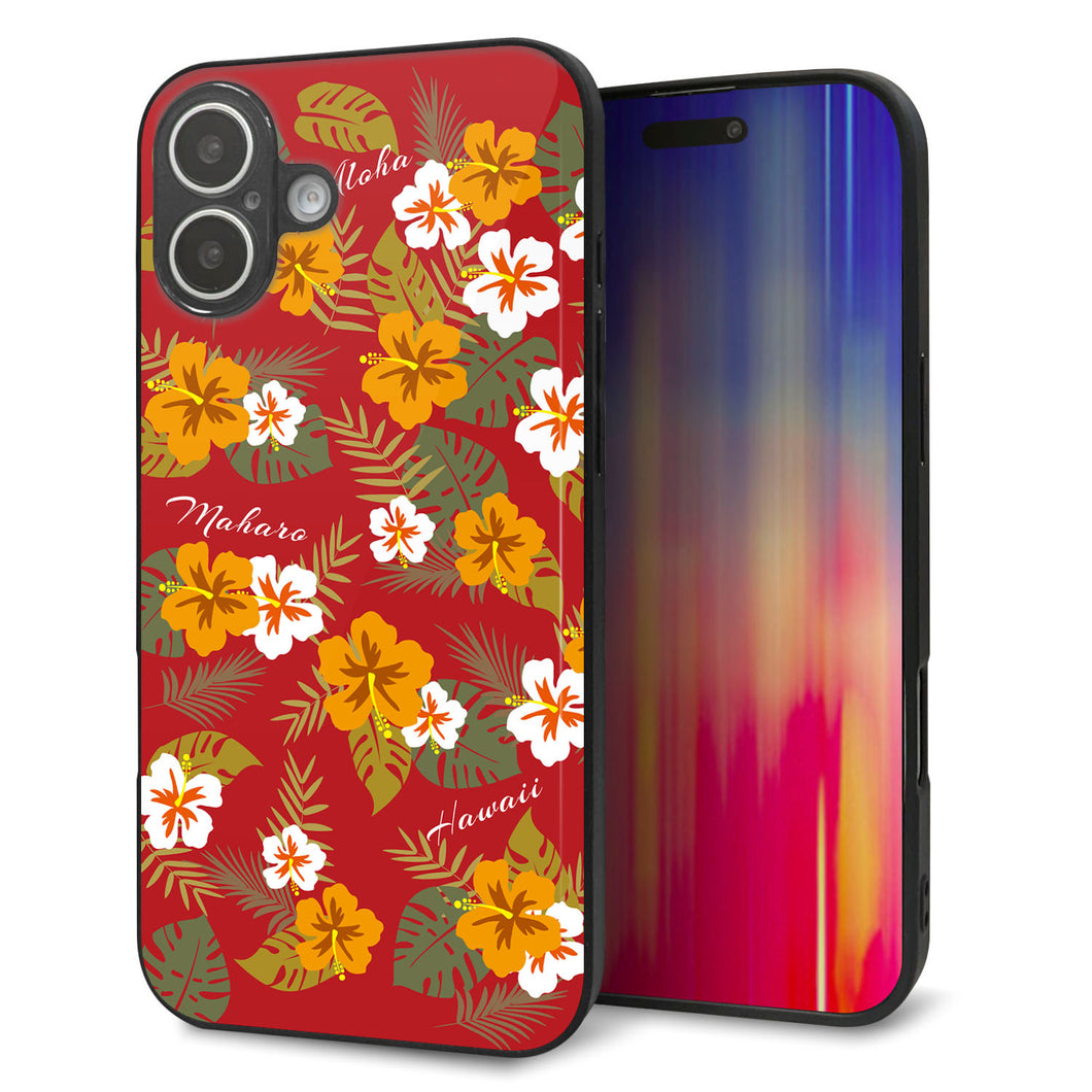 iPhone16 Plus 強化ガラス&TPUスマホケース ガラプリ【SC885 ハワイアンアロハレトロ(レッド)】