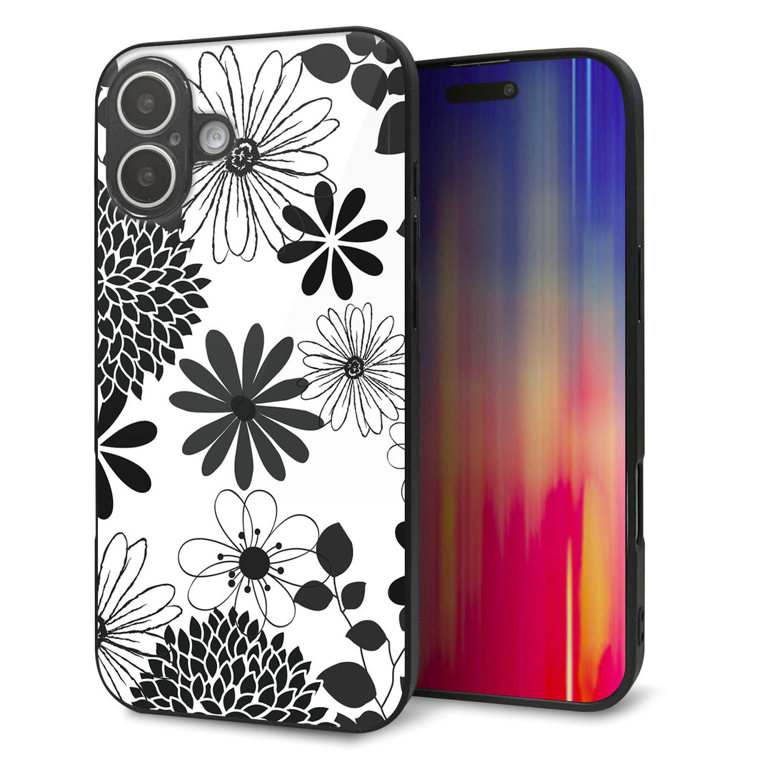 iPhone16 Plus 強化ガラス&TPUスマホケース ガラプリ【SC912 花柄モノトーン 01】