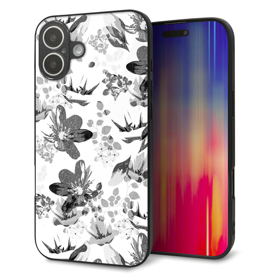 iPhone16 Plus 強化ガラス&TPUスマホケース ガラプリ【SC914 花柄モノトーン 03】