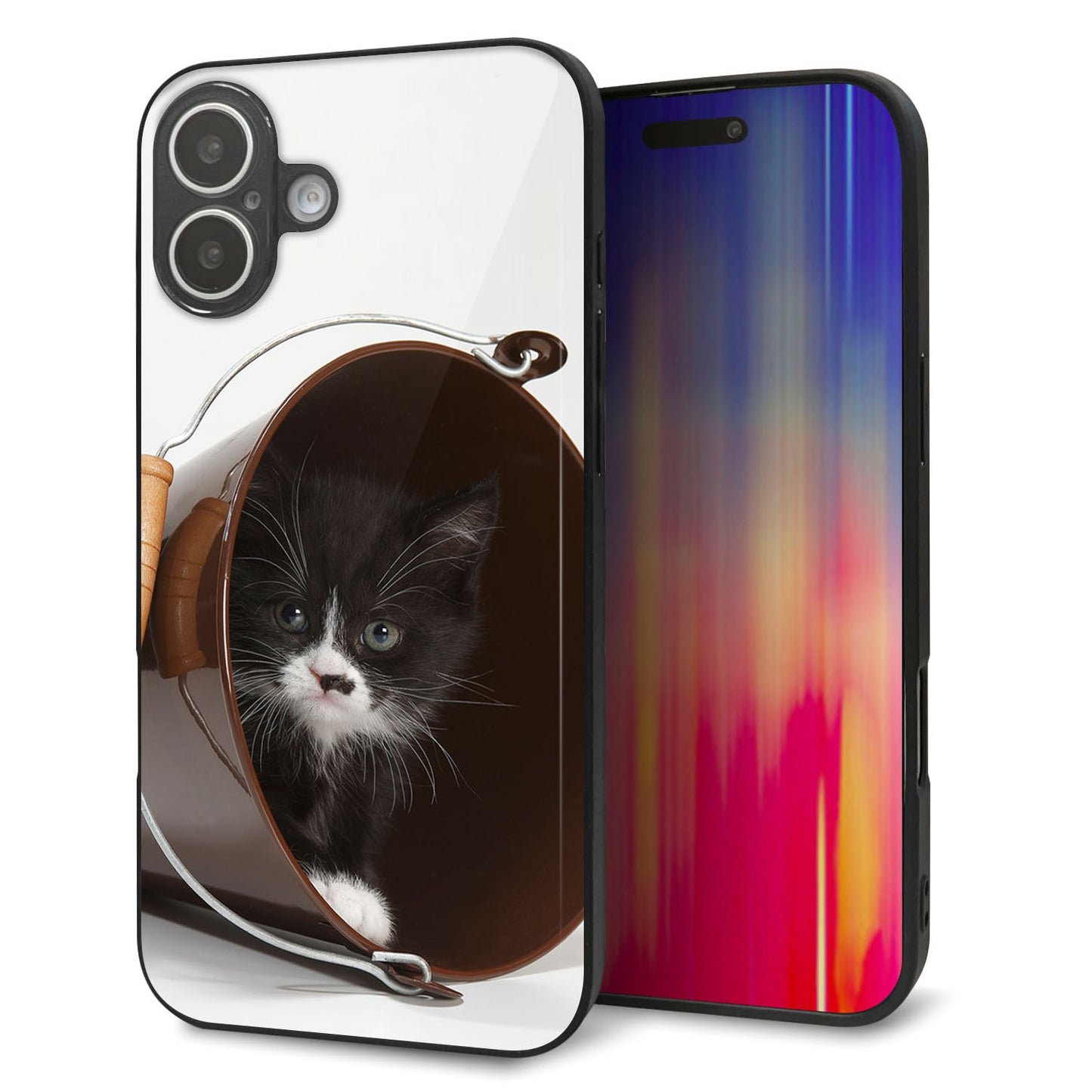 iPhone16 Plus 強化ガラス&TPUスマホケース ガラプリ【VA800 ネコとバケツ】