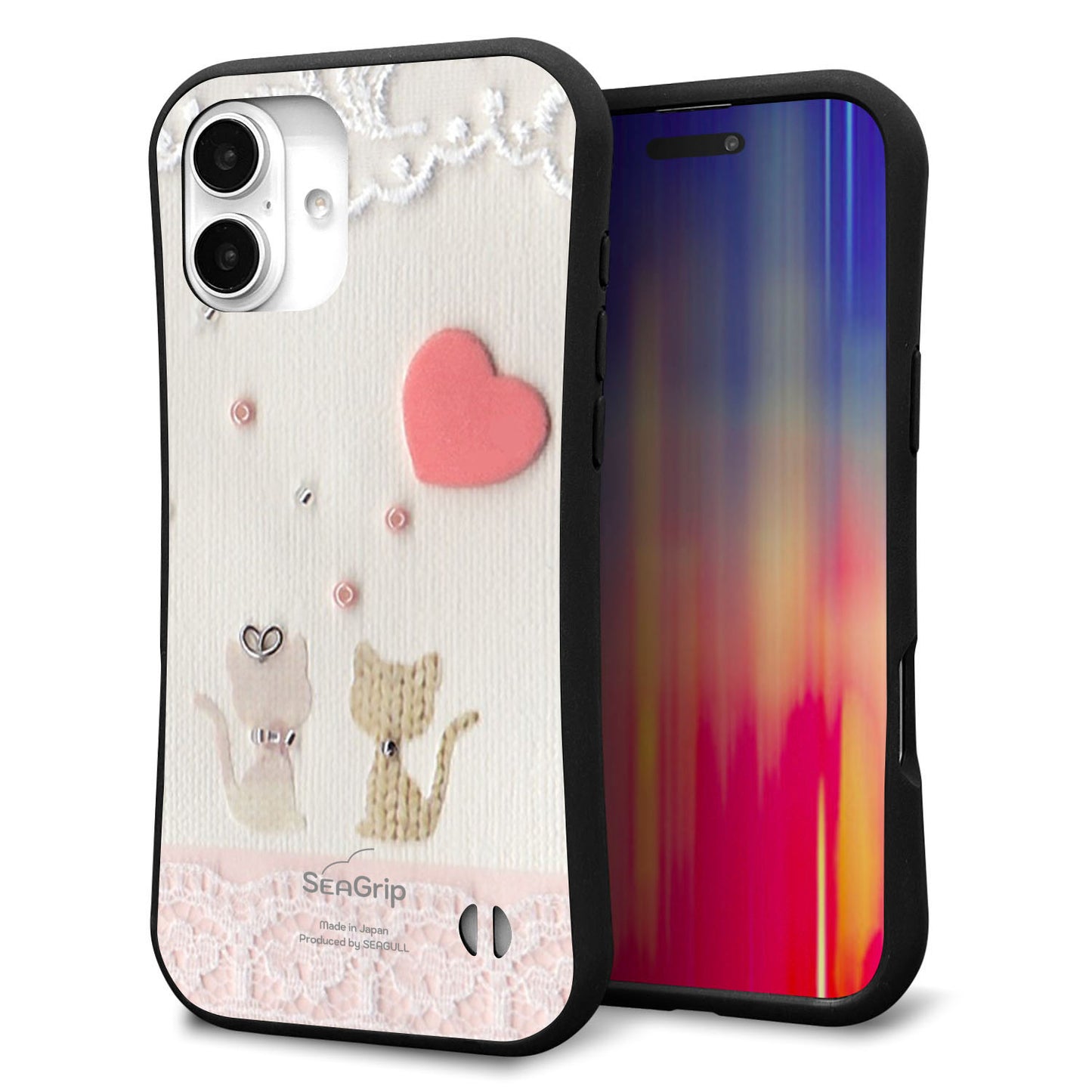 iPhone16 Plus スマホケース 「SEA Grip」 グリップケース Sライン 【1104 クラフト写真ネコ(ハートM)】 UV印刷