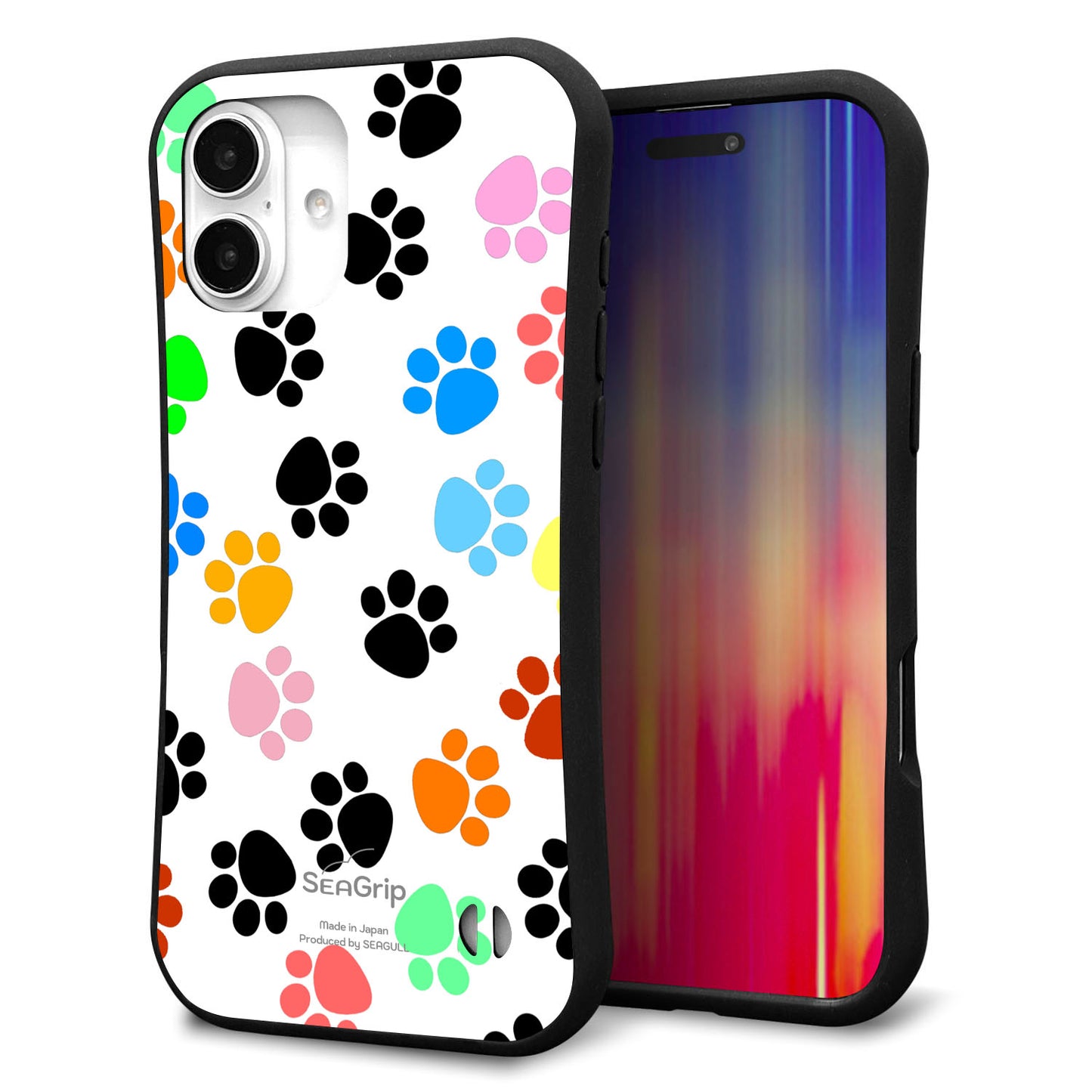 iPhone16 Plus スマホケース 「SEA Grip」 グリップケース Sライン 【1108 あしあとカラフル】 UV印刷