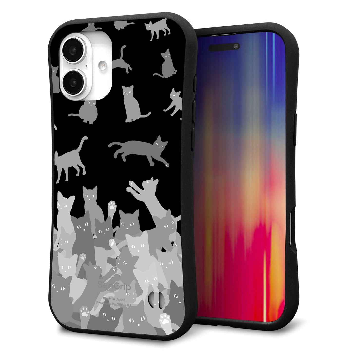 iPhone16 Plus スマホケース 「SEA Grip」 グリップケース Sライン 【AG887 ネコ積もり 黒】 UV印刷