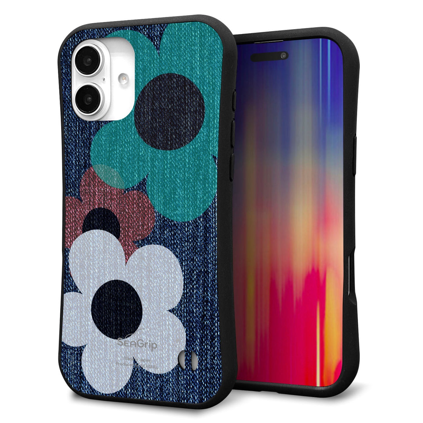 iPhone16 Plus スマホケース 「SEA Grip」 グリップケース Sライン 【EK869 ルーズフラワーinデニム風】 UV印刷