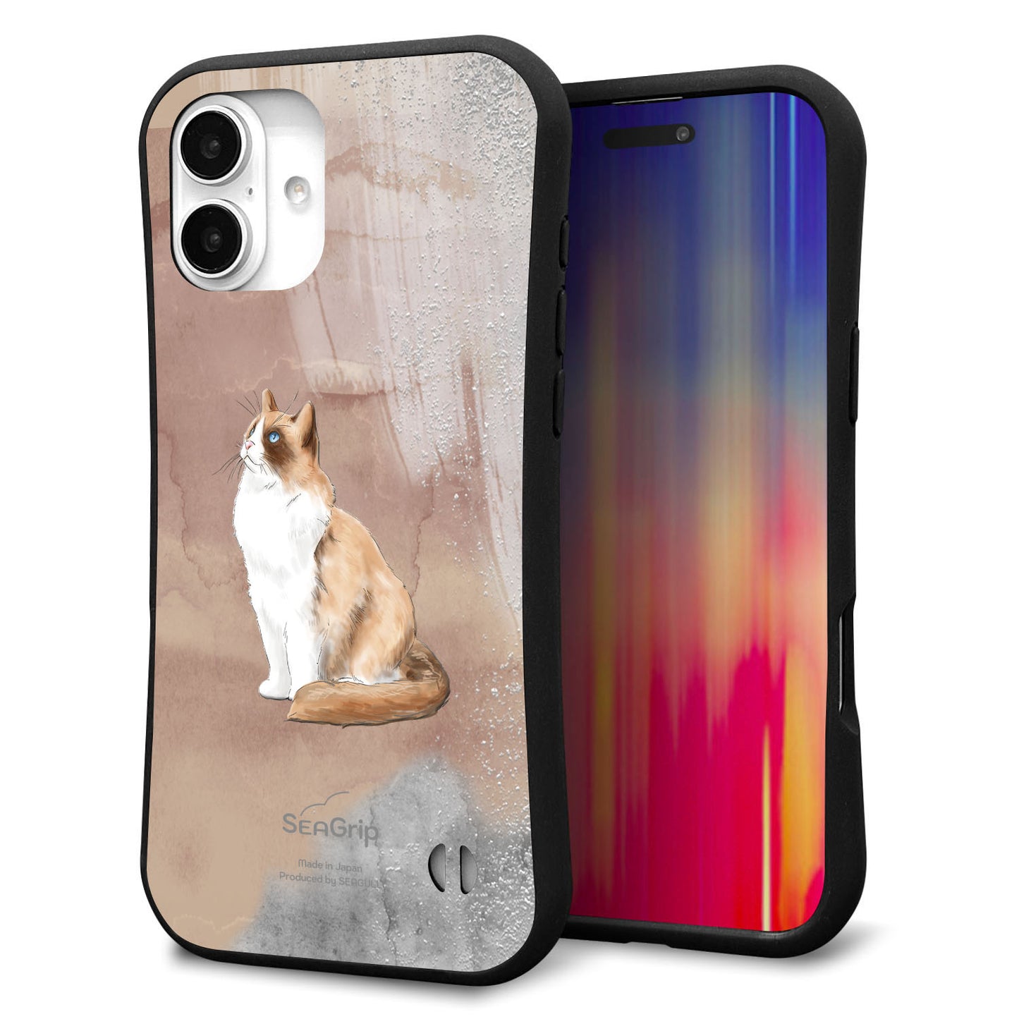 iPhone16 Plus スマホケース 「SEA Grip」 グリップケース Sライン 【HA174 ラグドール+くすみカラー】 UV印刷