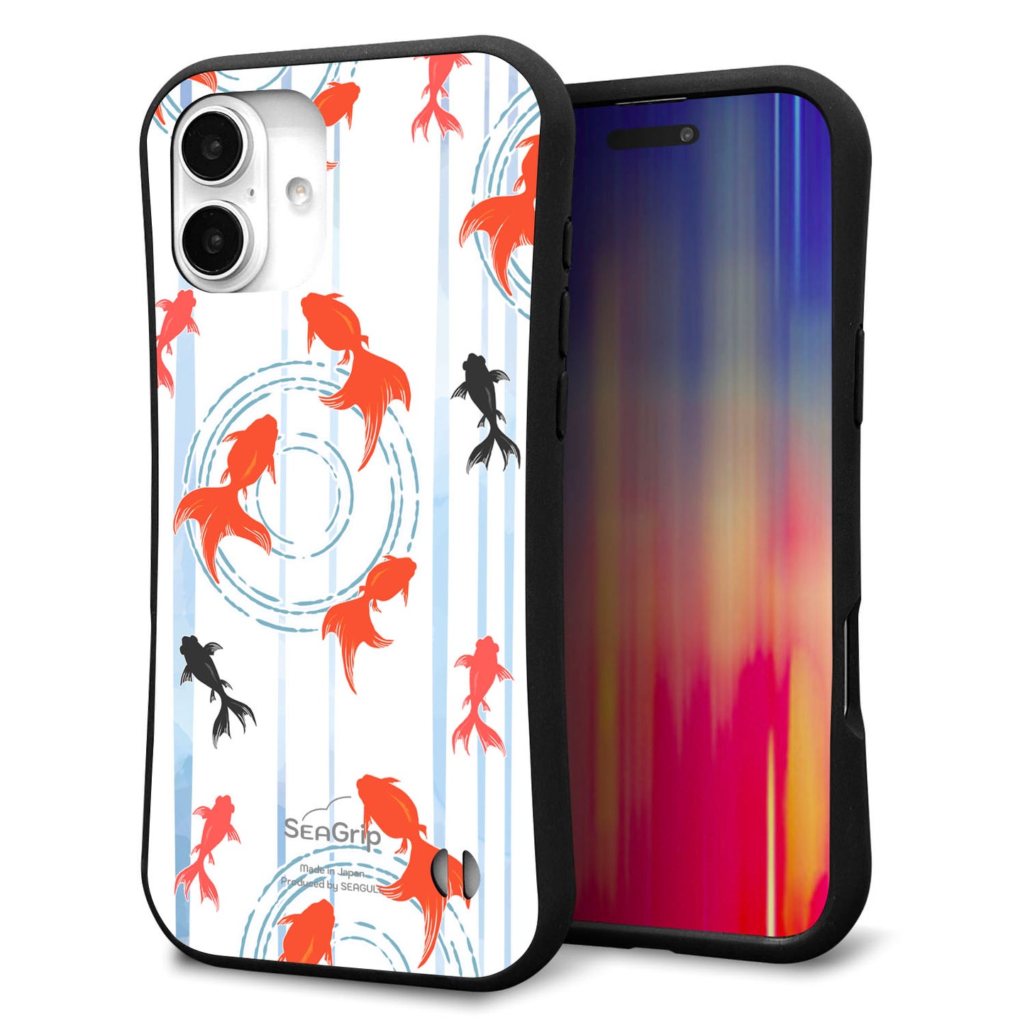 iPhone16 Plus スマホケース 「SEA Grip」 グリップケース Sライン 【HA210 金魚 水彩ストライプ ブルー 】 UV印刷