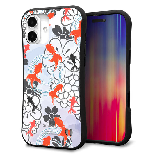 iPhone16 Plus スマホケース 「SEA Grip」 グリップケース Sライン 【HA216 金魚 花柄 グレー 】 UV印刷