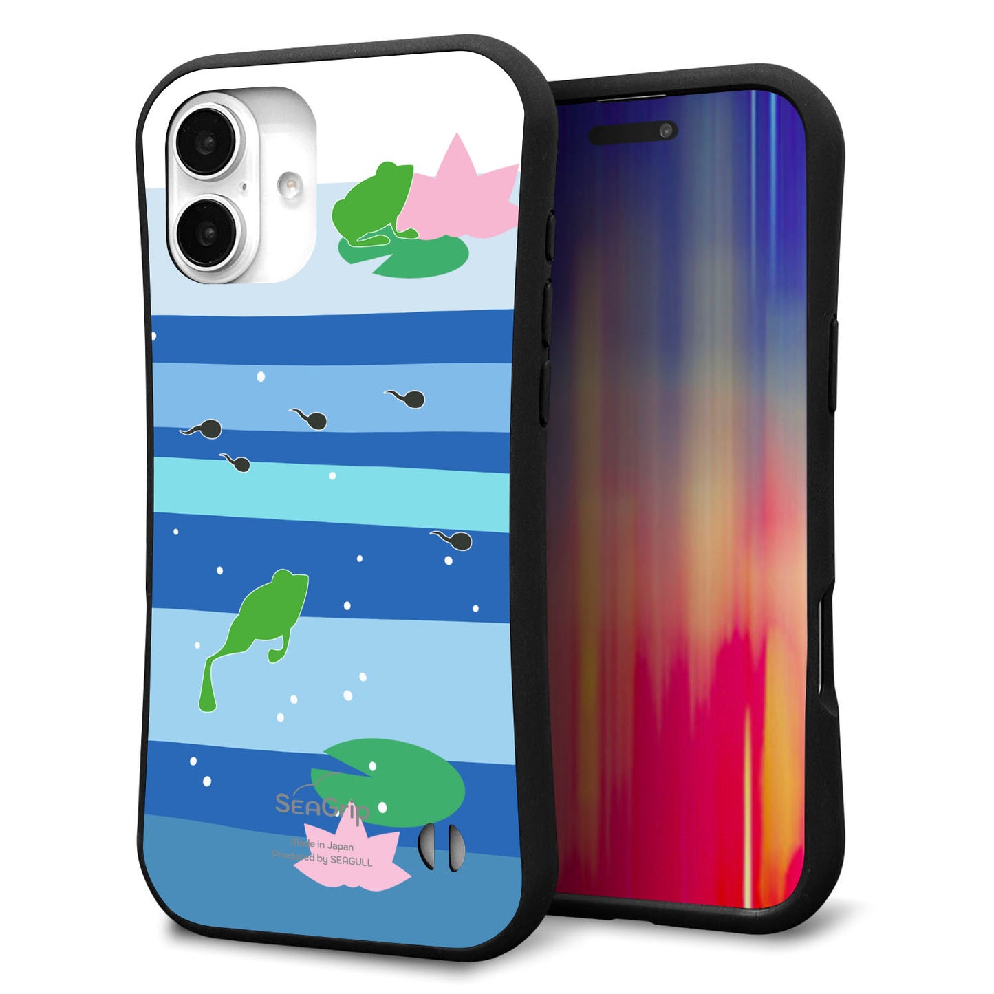 iPhone16 Plus スマホケース 「SEA Grip」 グリップケース Sライン 【HA280 カエルとオタマ】 UV印刷