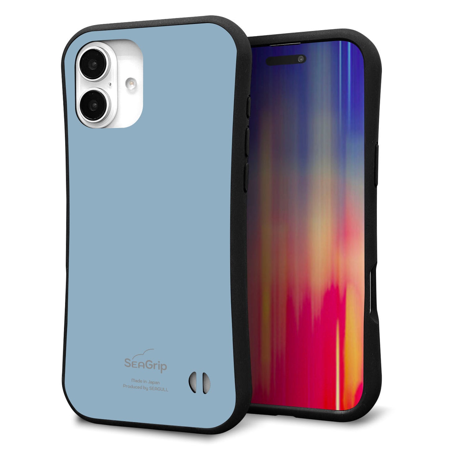 iPhone16 Plus スマホケース 「SEA Grip」 グリップケース Sライン 【KM932 くすみカラー ブルー】 UV印刷