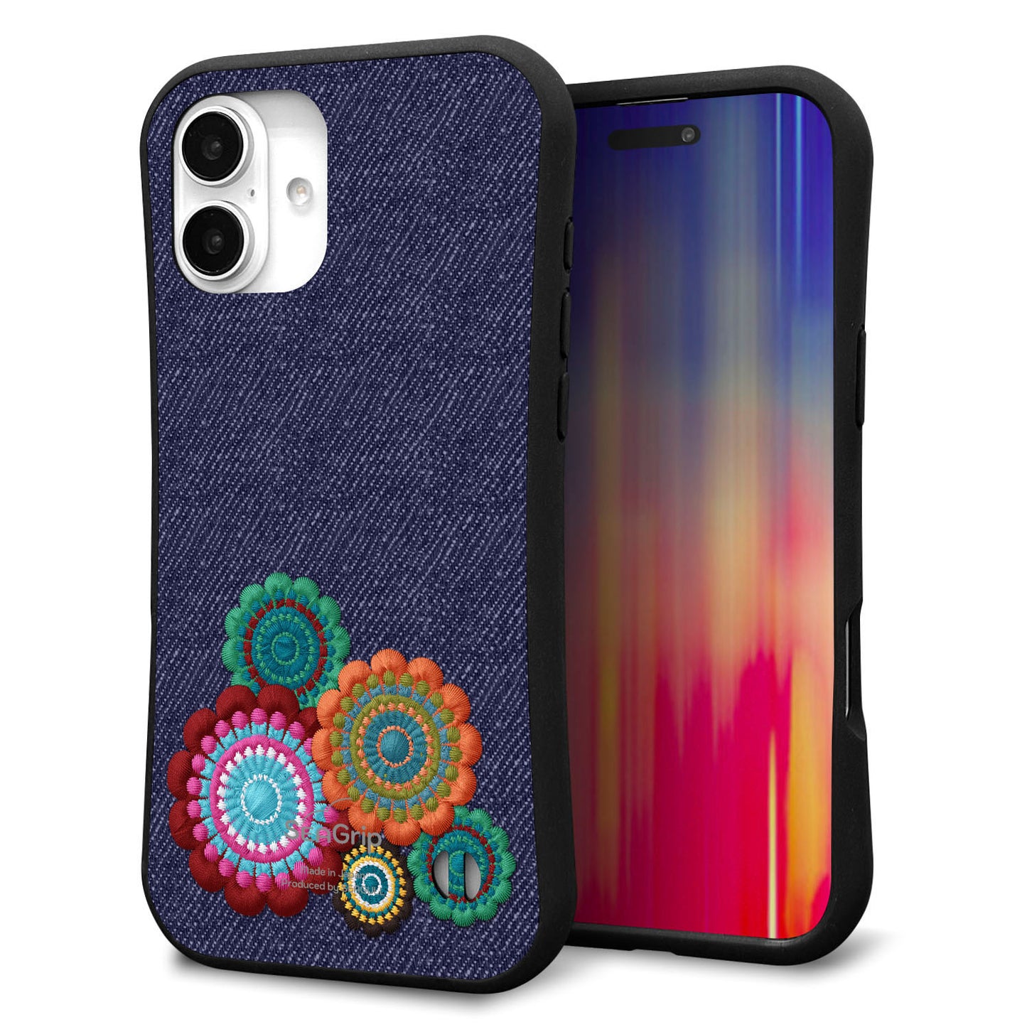 iPhone16 Plus スマホケース 「SEA Grip」 グリップケース Sライン 【KM934 エスニックフラワー デニム】 UV印刷