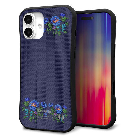 iPhone16 Plus スマホケース 「SEA Grip」 グリップケース Sライン 【KM944 花刺繍風 ブルーフラワー オフホワイト 】 UV印刷