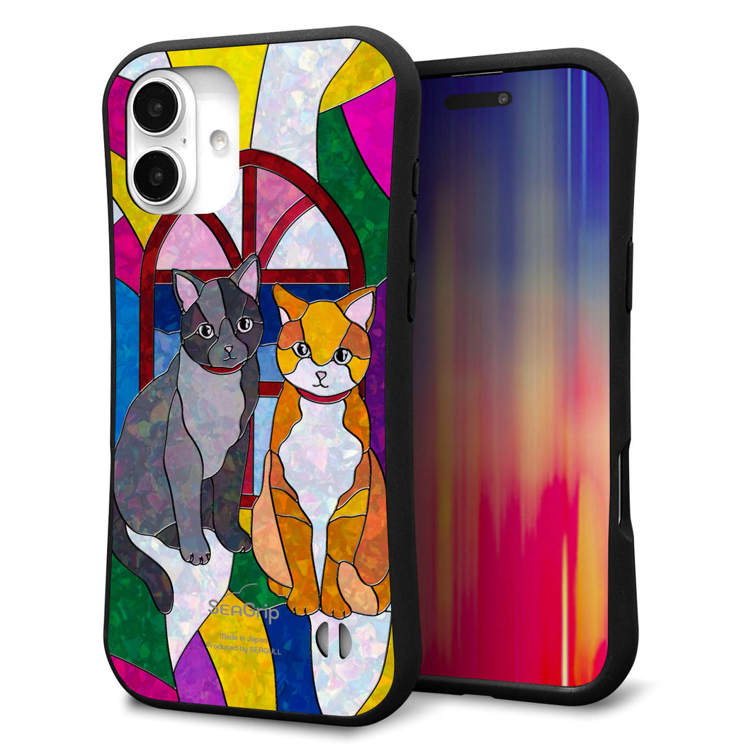 iPhone16 Plus スマホケース 「SEA Grip」 グリップケース Sライン 【MA995 ステンドグラス ネコ】 UV印刷