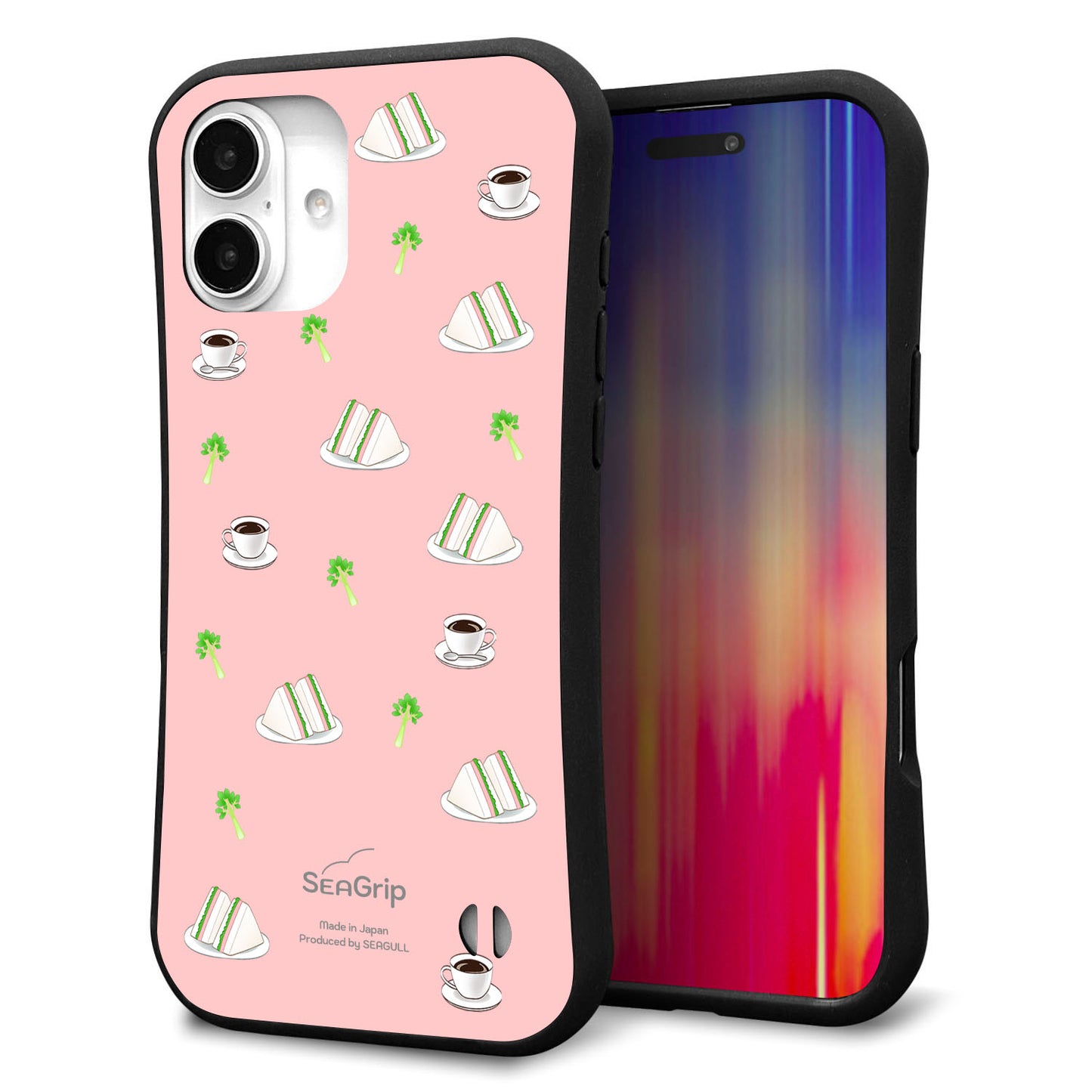 iPhone16 Plus スマホケース 「SEA Grip」 グリップケース Sライン 【NA802 アムロサンドイッチプリント Aピンク】 UV印刷