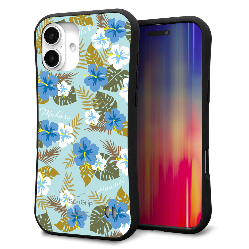 iPhone16 Plus スマホケース 「SEA Grip」 グリップケース Sライン 【SC883 ハワイアンアロハレトロ(ブルー)】 UV印刷
