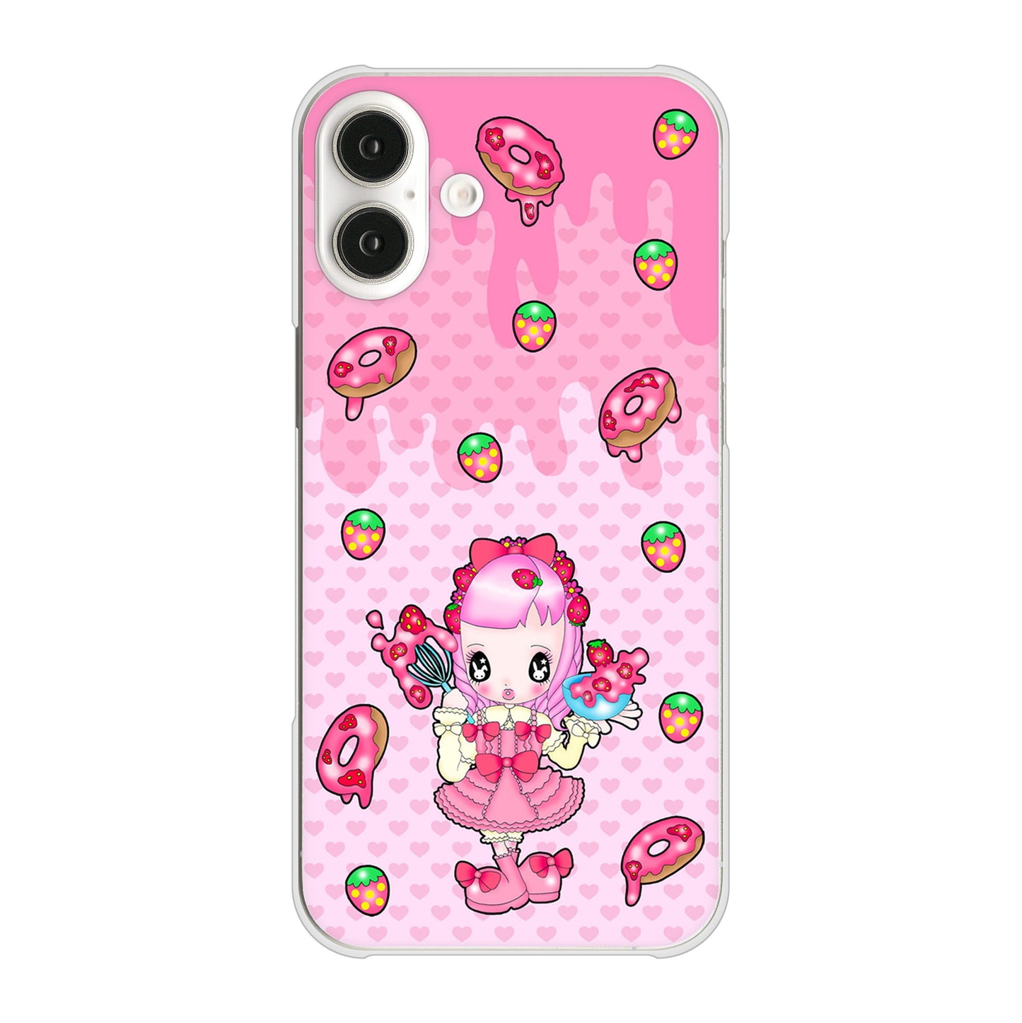 iPhone16 Plus 高画質仕上げ 背面印刷 ハードケースむかいあぐる ストロベリードーナツ