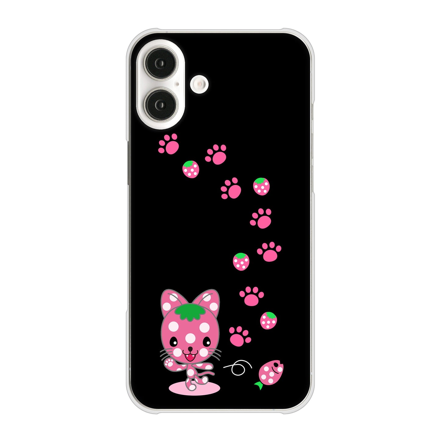 iPhone16 Plus 高画質仕上げ 背面印刷 ハードケースむかいあぐる イチゴ猫のにゃんベリー