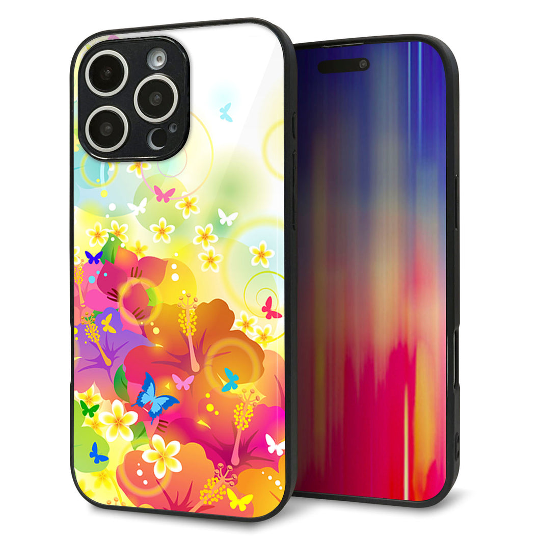 iPhone16 Pro Max 強化ガラス&TPUスマホケース ガラプリ【647 ハイビスカスと蝶】