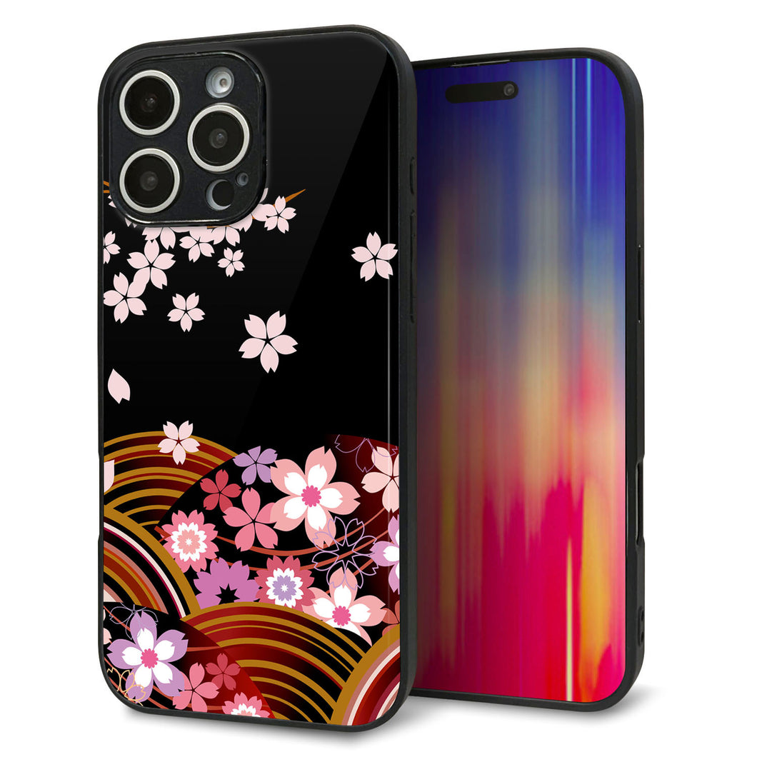 iPhone16 Pro Max 強化ガラス&TPUスマホケース ガラプリ【1237 和柄&筆文字・夜桜の宴】