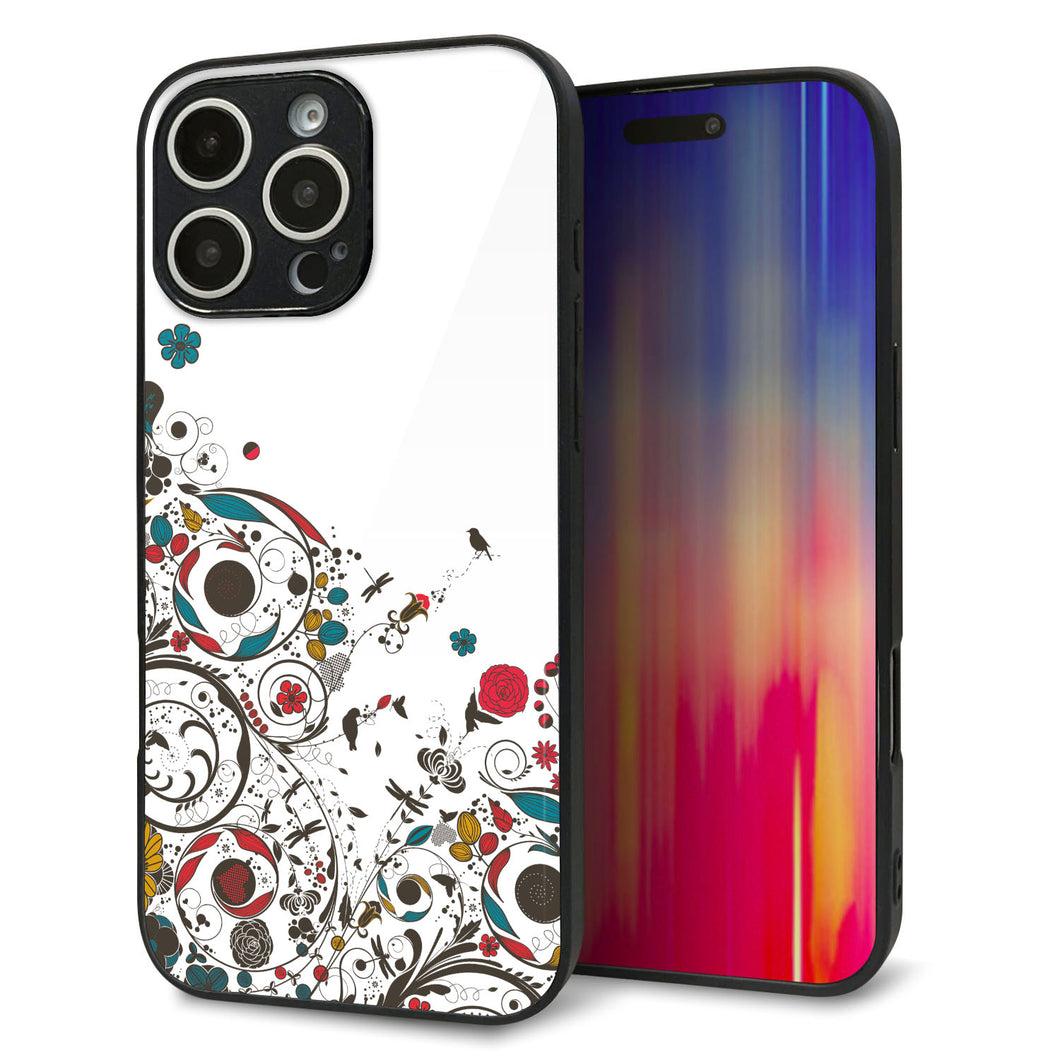 iPhone16 Pro Max 強化ガラス&TPUスマホケース ガラプリ【EK908 カラフルな花と鳥】