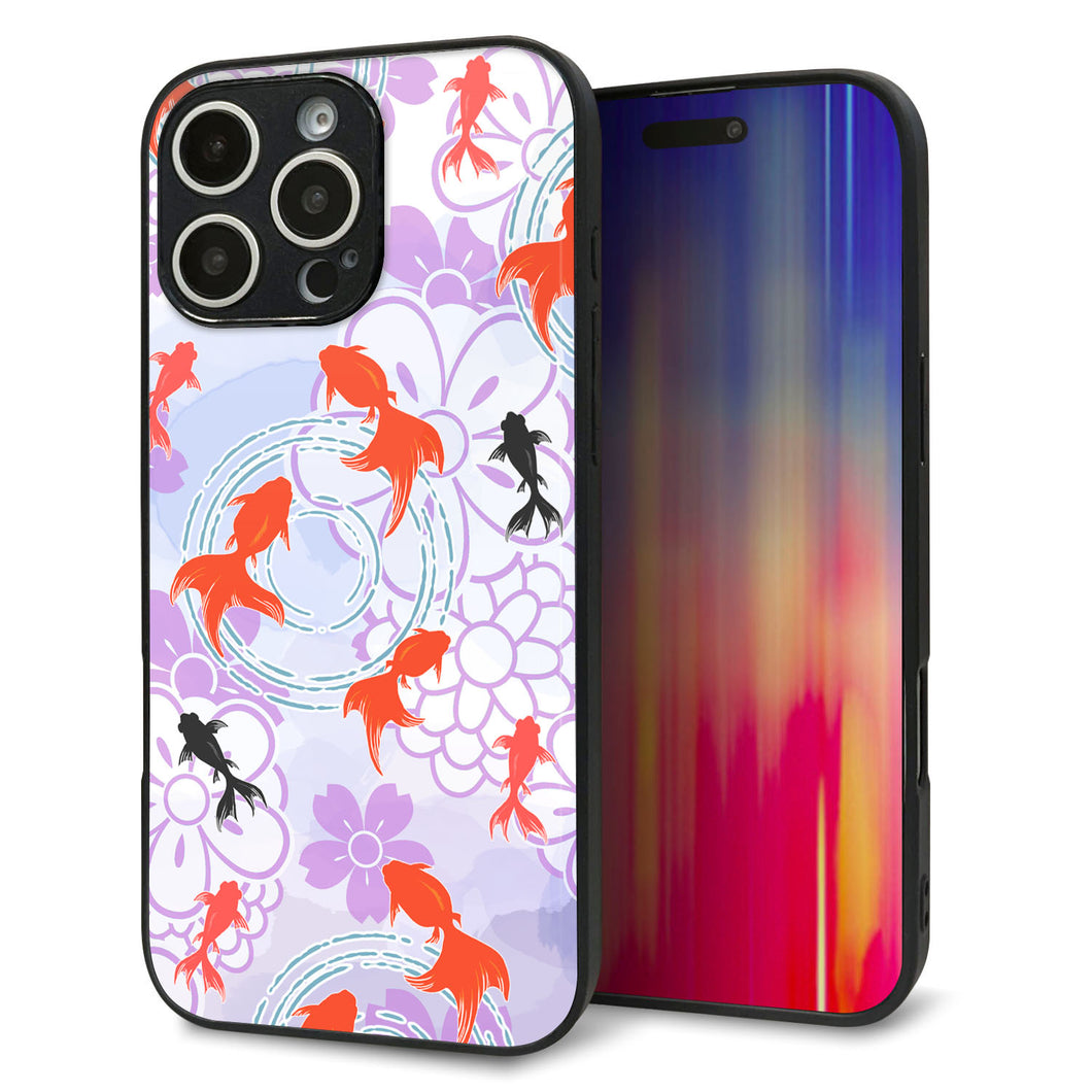 iPhone16 Pro Max 強化ガラス&TPUスマホケース ガラプリ【HA214 金魚 花柄 パープル】