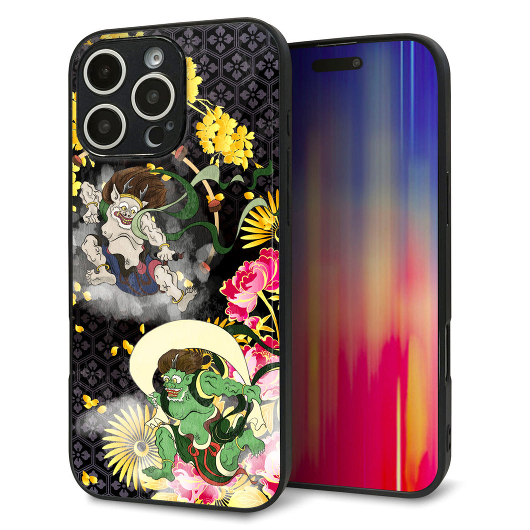 iPhone16 Pro Max 強化ガラス&TPUスマホケース ガラプリ【HA239 風神雷神 牡丹】