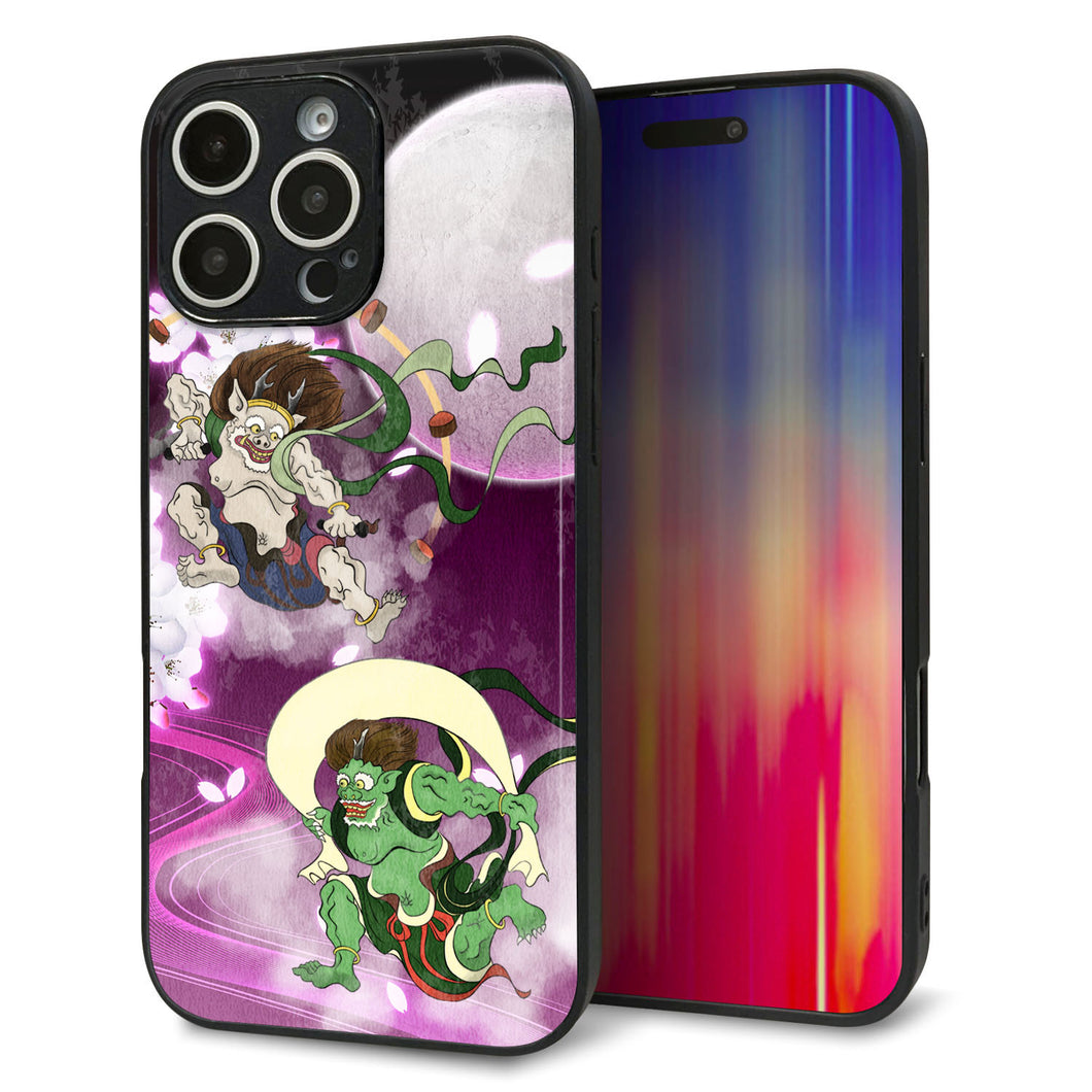 iPhone16 Pro Max 強化ガラス&TPUスマホケース ガラプリ【HA240 風神雷神 紫の月と桜】