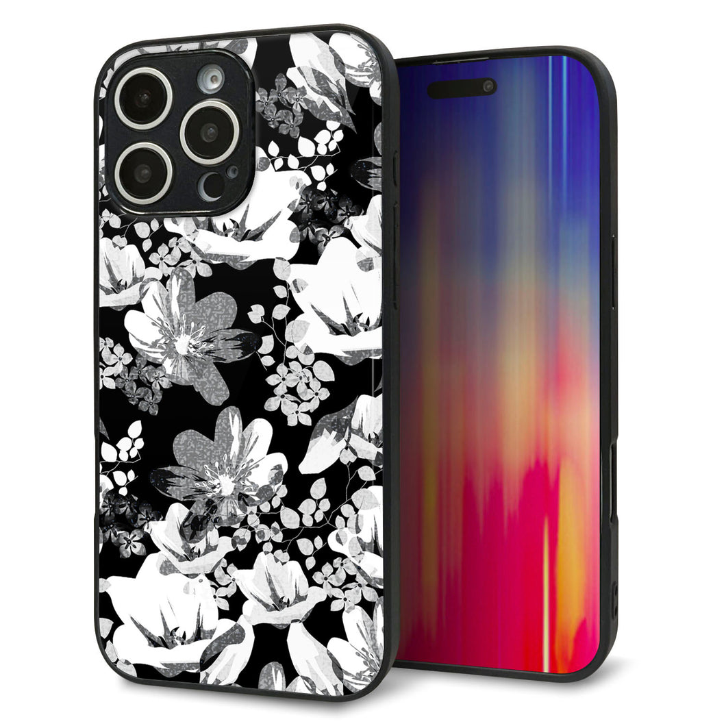 iPhone16 Pro Max 強化ガラス&TPUスマホケース ガラプリ【SC913 花柄モノトーン 02】