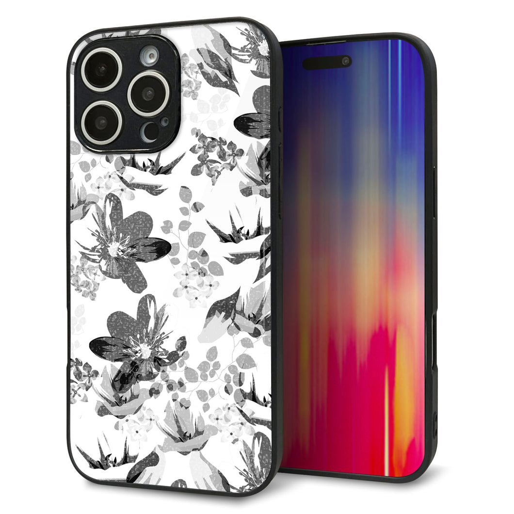 iPhone16 Pro Max 強化ガラス&TPUスマホケース ガラプリ【SC914 花柄モノトーン 03】