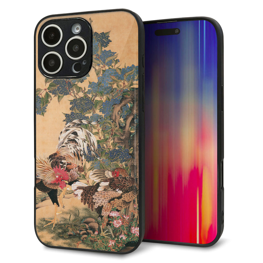 iPhone16 Pro Max 強化ガラス&TPUスマホケース ガラプリ【TA006 紫陽花双鶏】