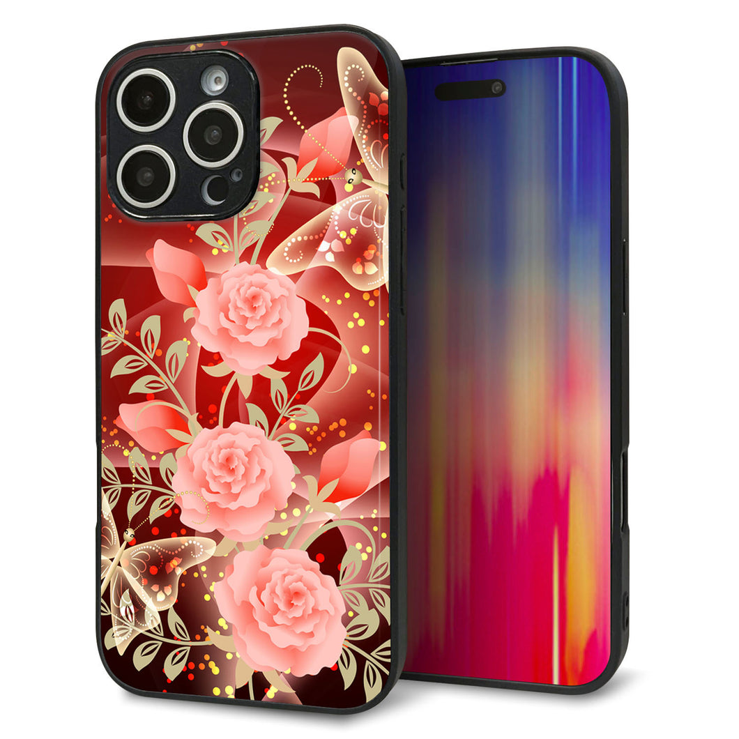 iPhone16 Pro Max 強化ガラス&TPUスマホケース ガラプリ【VA824 魅惑の蝶とピンクのバラ】