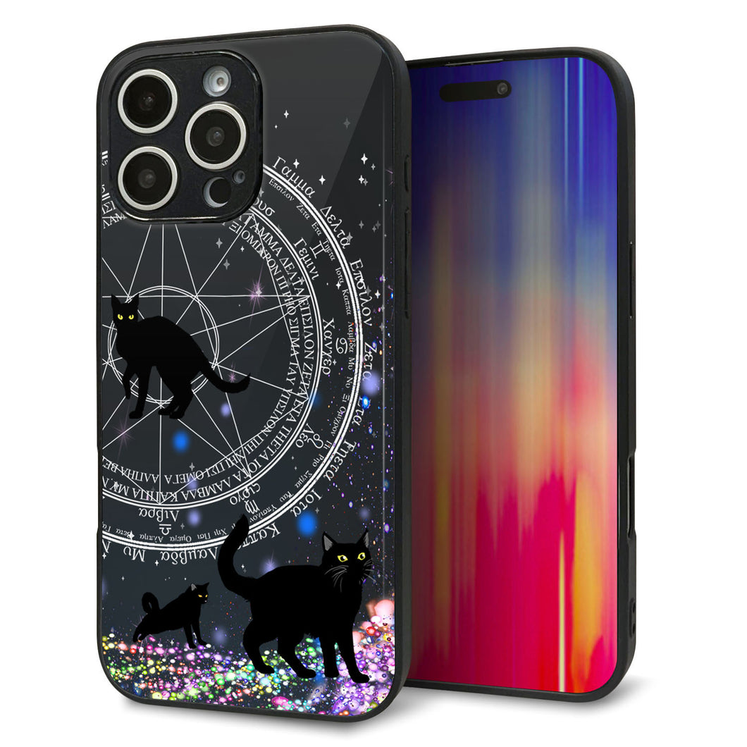 iPhone16 Pro Max 強化ガラス&TPUスマホケース ガラプリ【YJ330 魔法陣猫 キラキラ 黒猫】