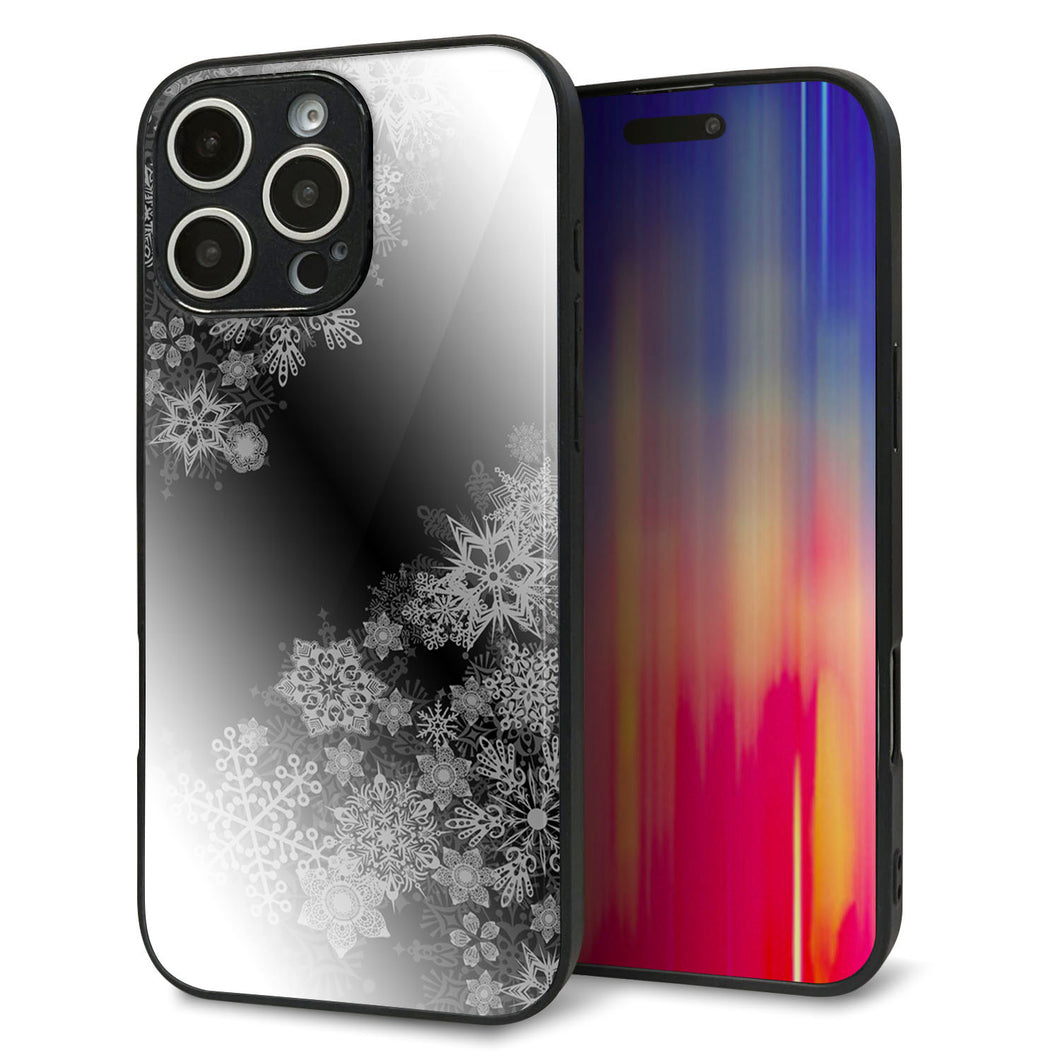 iPhone16 Pro Max 強化ガラス&TPUスマホケース ガラプリ【YJ340 モノトーン 雪の結晶 】