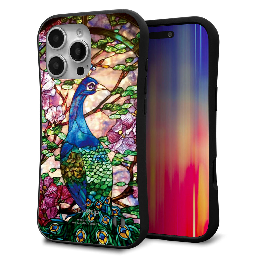 iPhone16 Pro Max スマホケース 「SEA Grip」 グリップケース Sライン 【MA996 ステンドグラス クジャク】 UV印刷