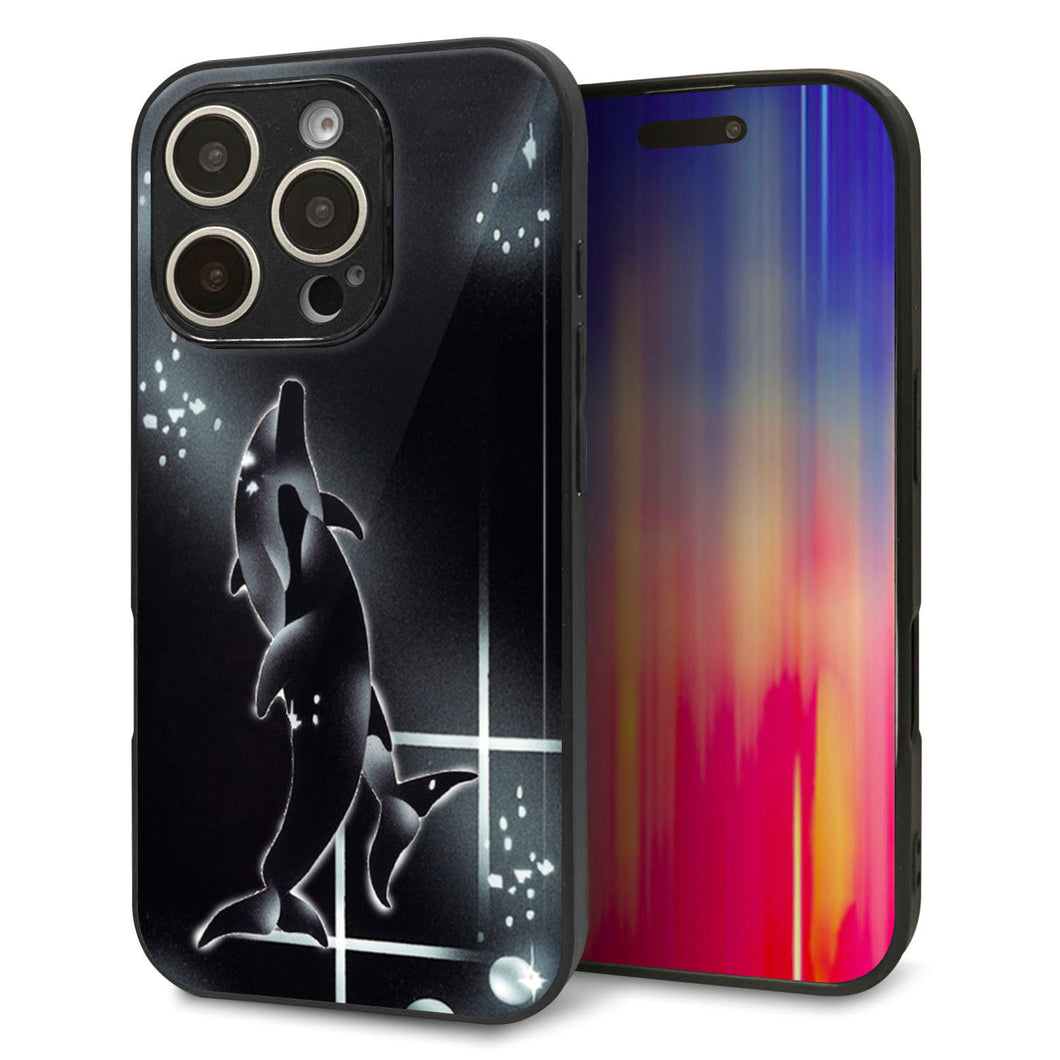 iPhone16 Pro 強化ガラス&TPUスマホケース ガラプリ【158 ブラックドルフィン】