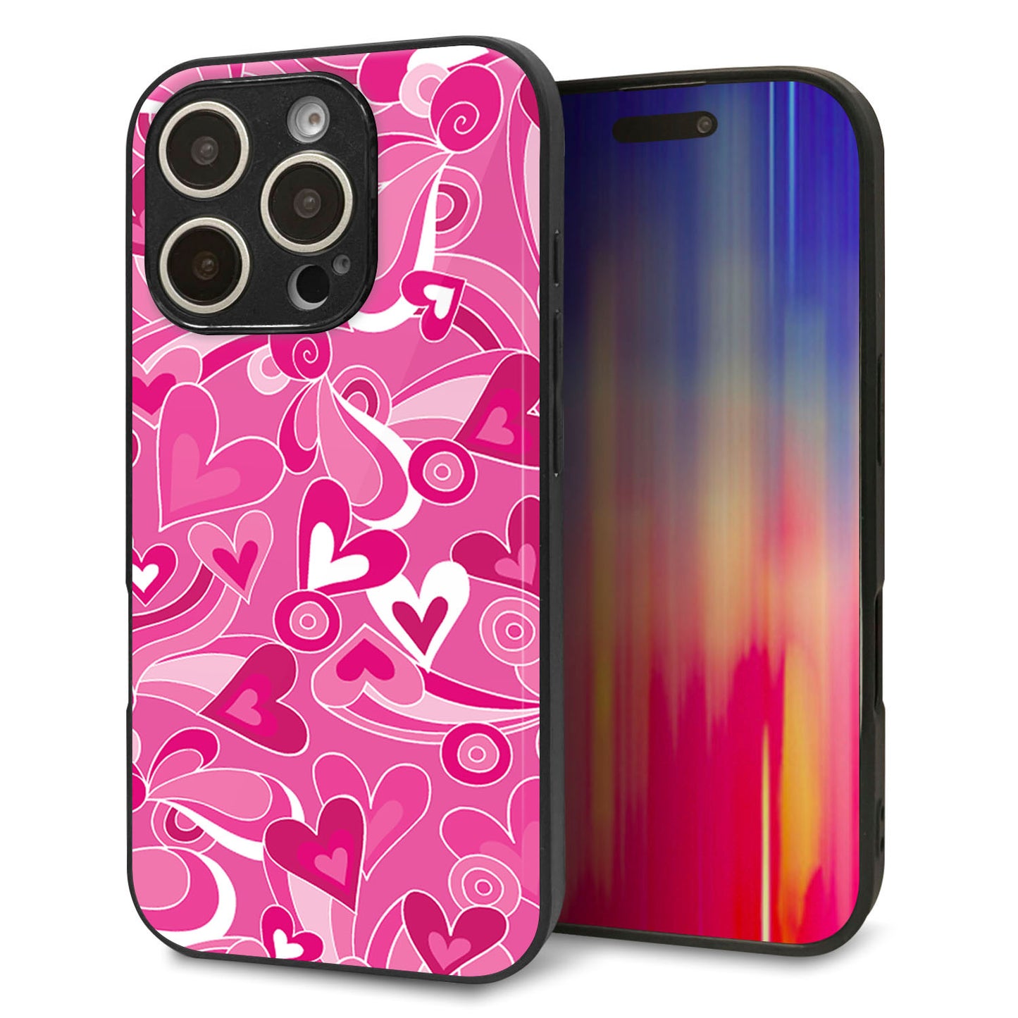iPhone16 Pro 強化ガラス&TPUスマホケース ガラプリ【383 ピンクのハート】