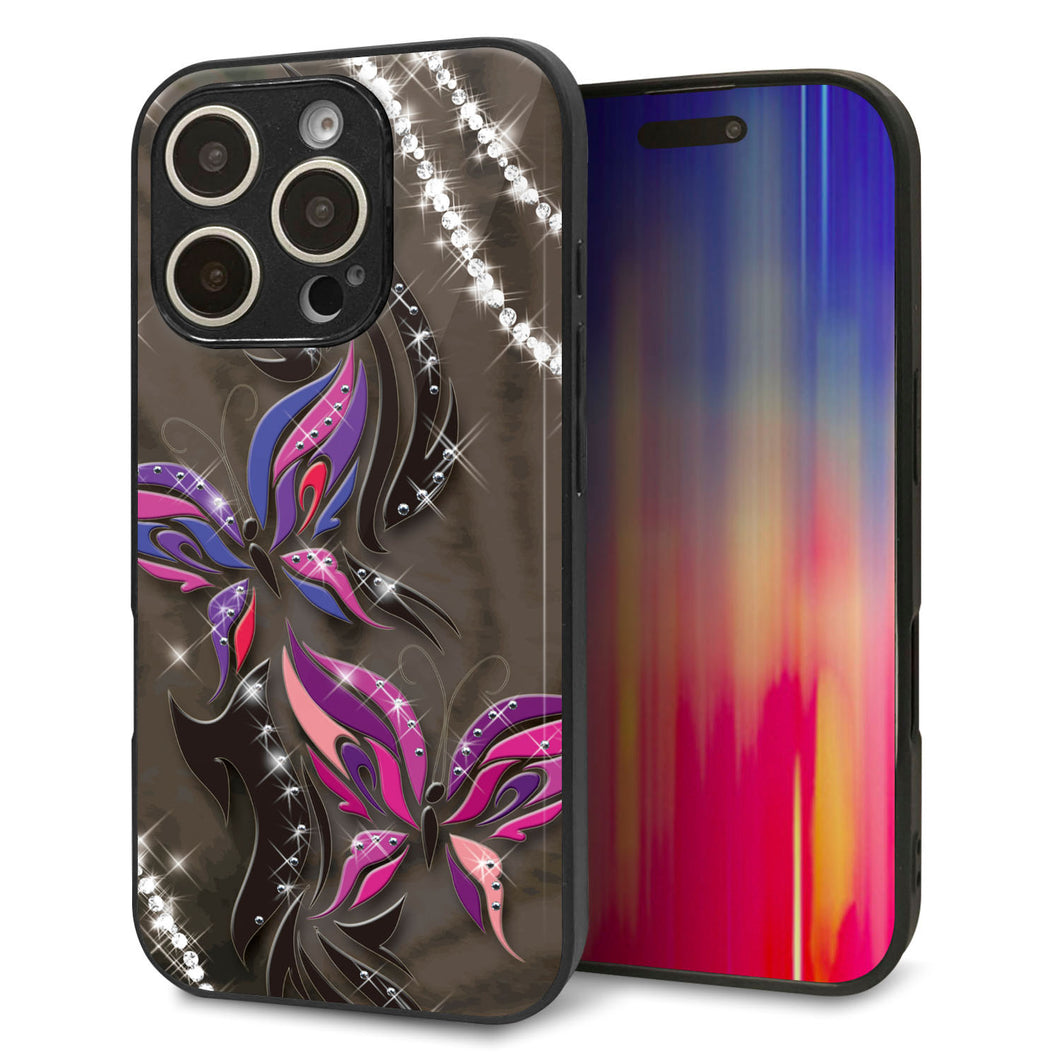 iPhone16 Pro 強化ガラス&TPUスマホケース ガラプリ【1164 キラめくストーンと蝶】