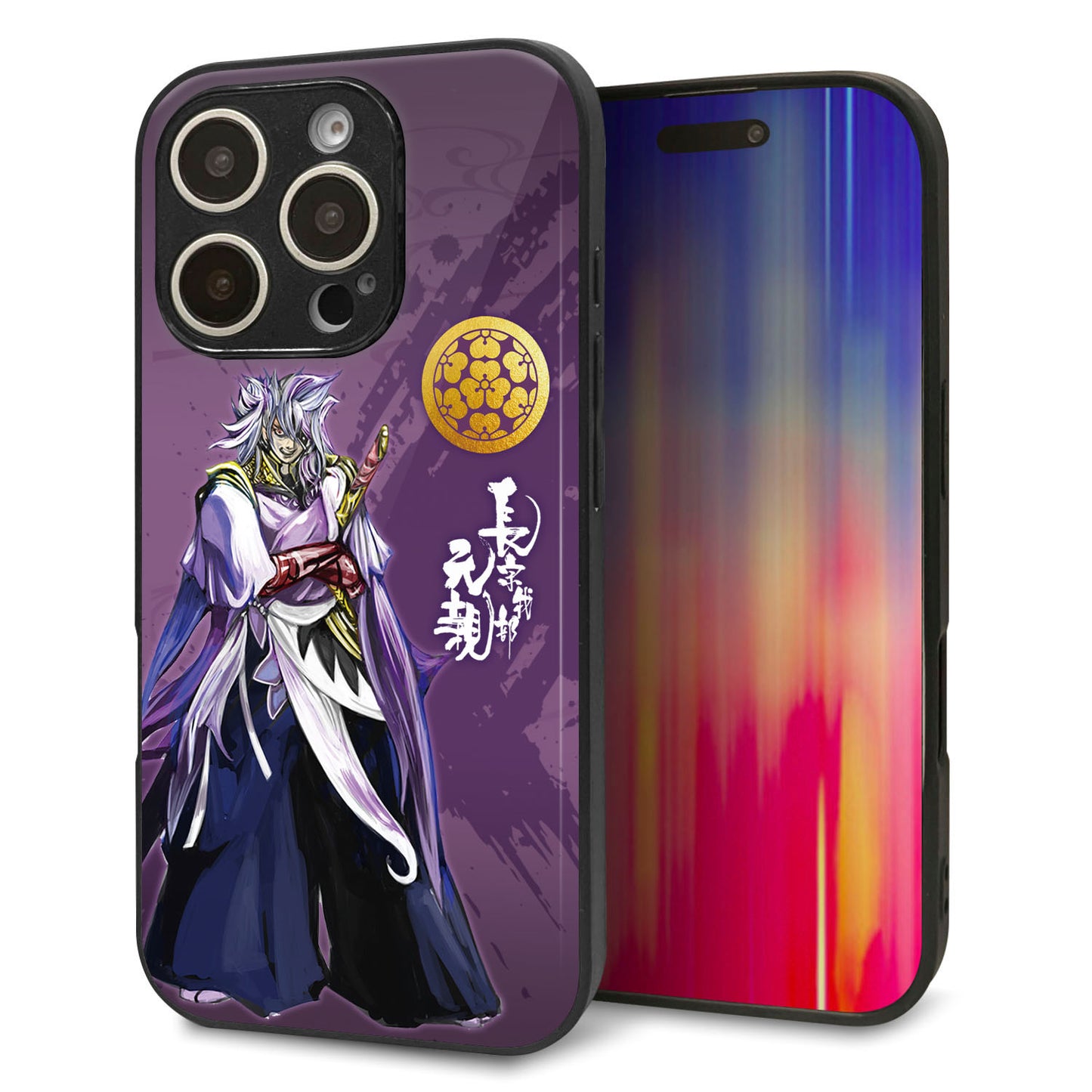 iPhone16 Pro 強化ガラス&TPUスマホケース ガラプリ【AB805 長宗我部 元親 イラストと家紋】