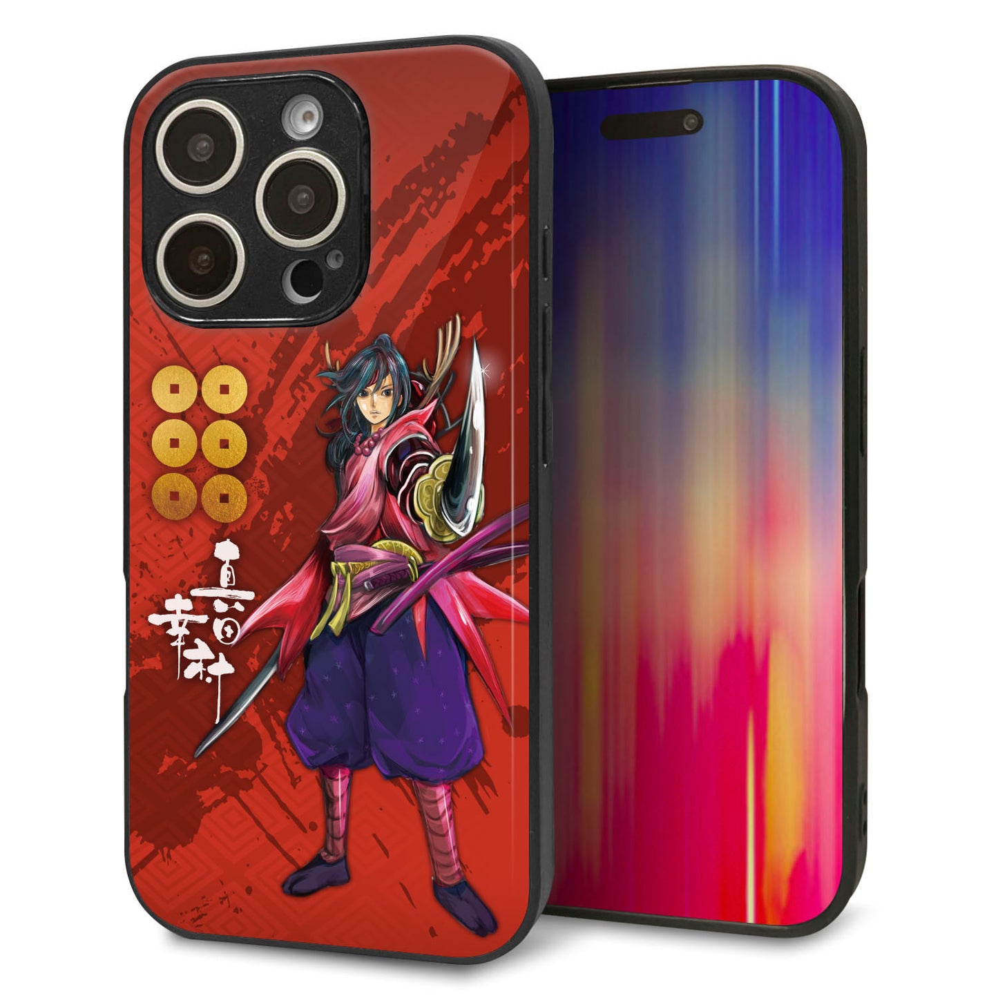 iPhone16 Pro 強化ガラス&TPUスマホケース ガラプリ【AB807 真田幸村 イラストと家紋】
