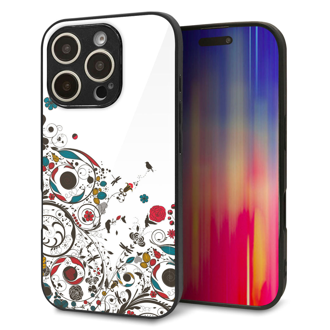 iPhone16 Pro 強化ガラス&TPUスマホケース ガラプリ【EK908 カラフルな花と鳥】