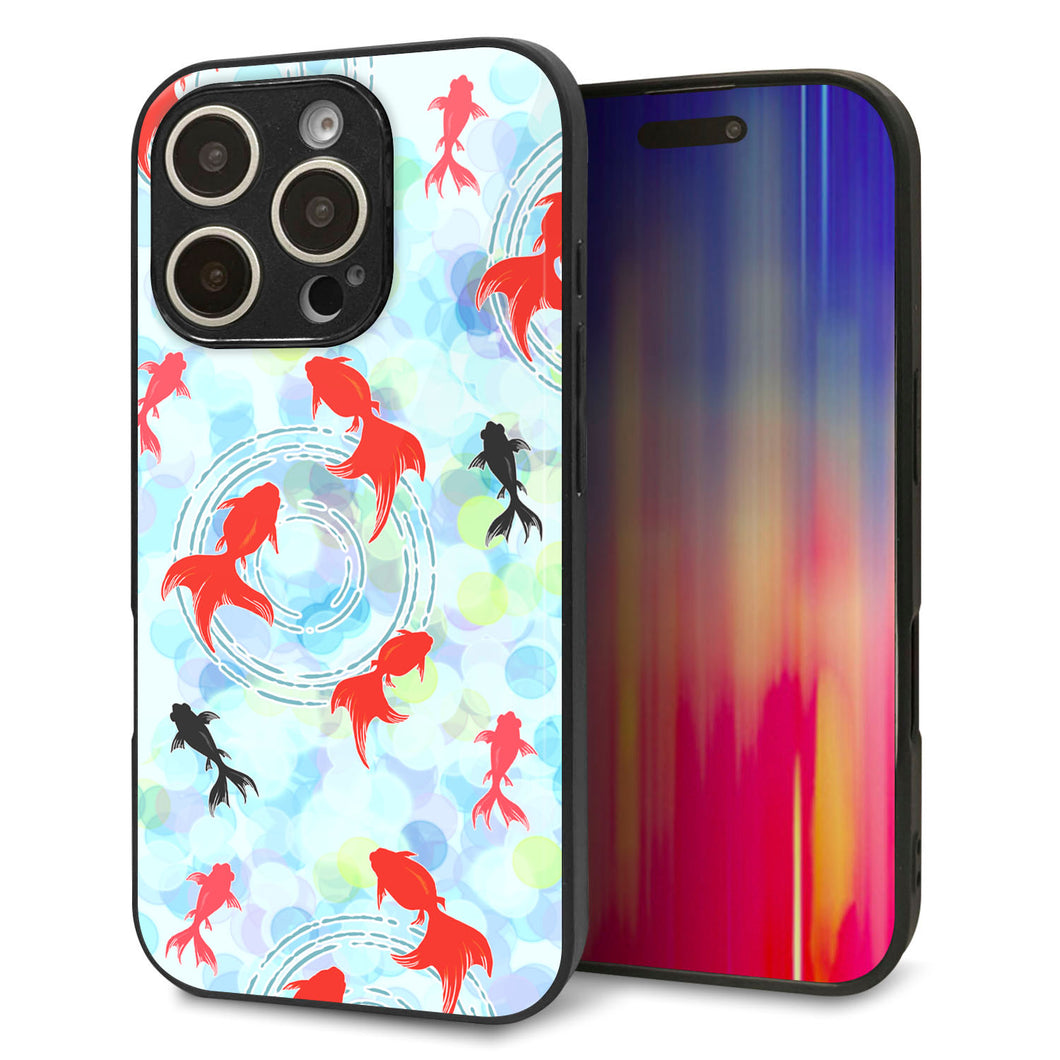 iPhone16 Pro 強化ガラス&TPUスマホケース ガラプリ【HA221 金魚 点々 ブルー】