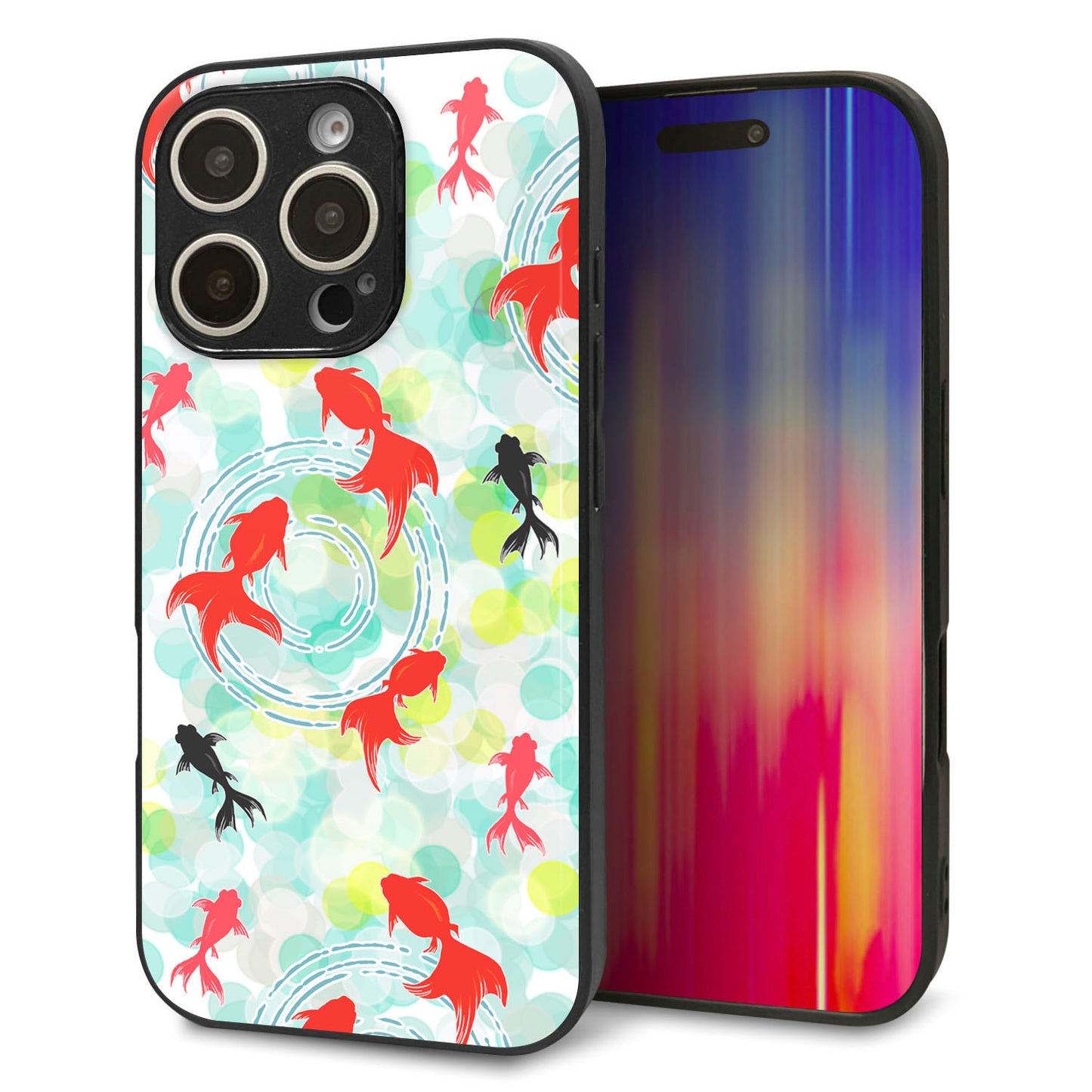 iPhone16 Pro 強化ガラス&TPUスマホケース ガラプリ【HA223 金魚 点々 グリーン】