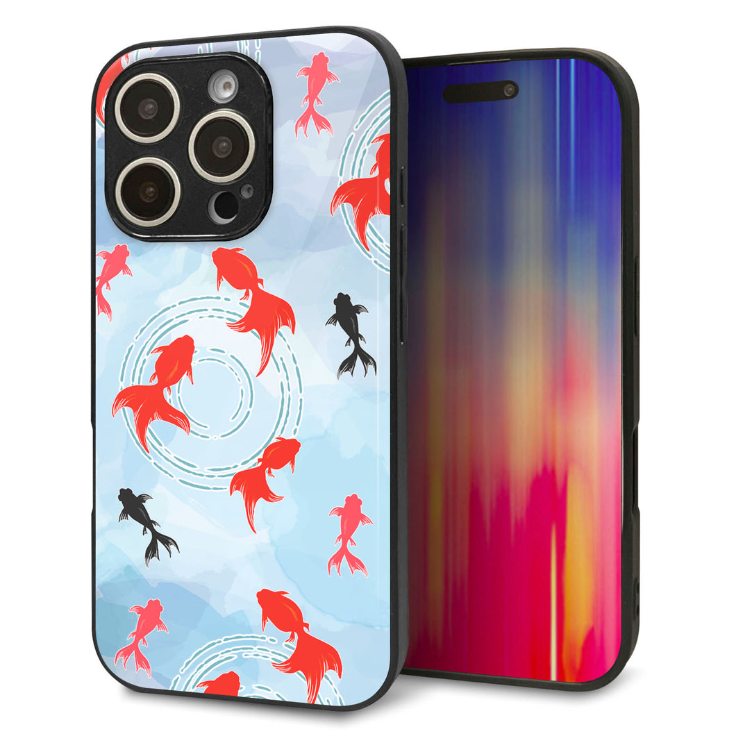 iPhone16 Pro 強化ガラス&TPUスマホケース ガラプリ【HA226 金魚 水彩 ブルー】